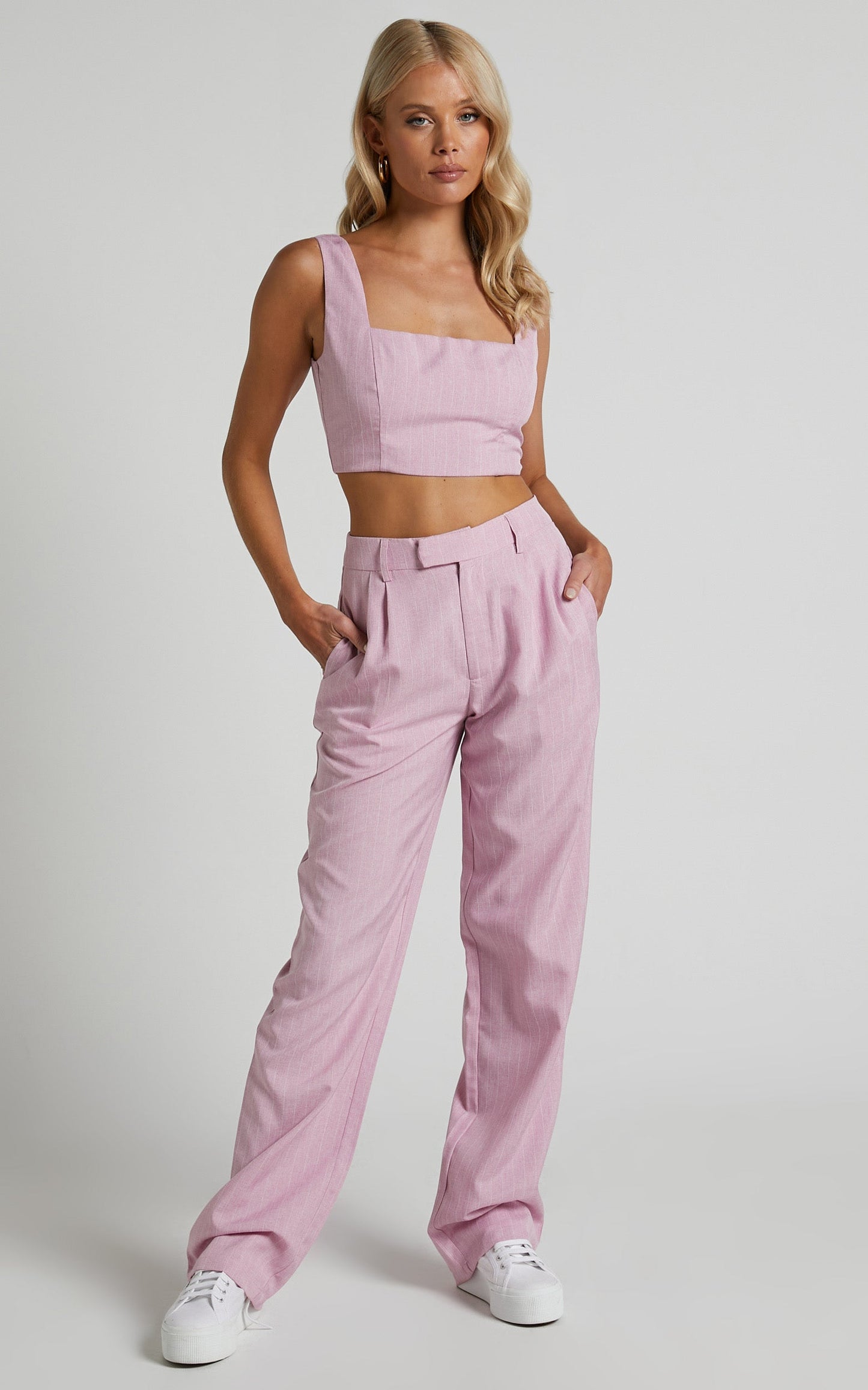 Marvilla Two Piece Set - Crop Top and Tailored Pants Set in Light Pink Pinstripe