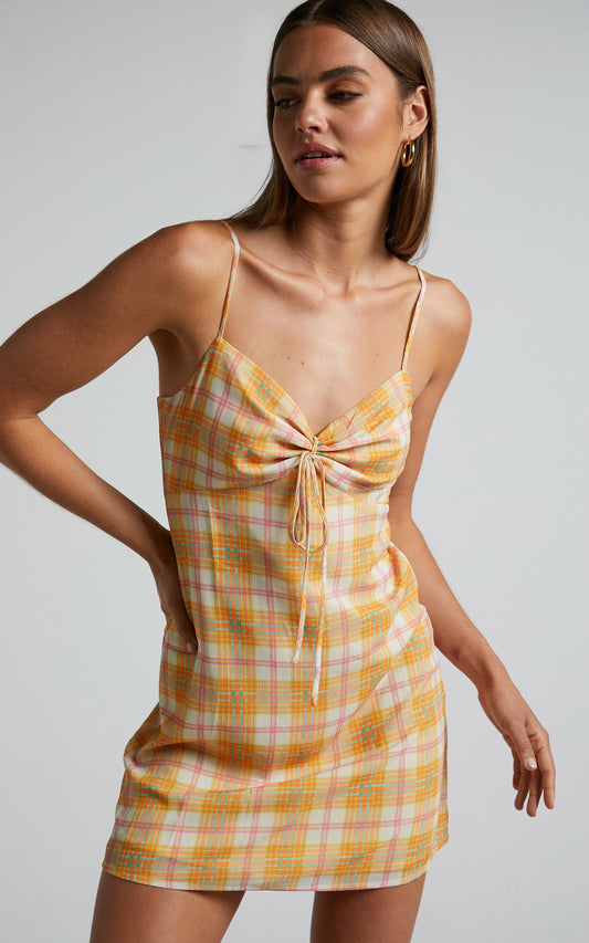 Marvy Mini Dress - Tie Bust Bias Cut Slip Dress in Summer Check