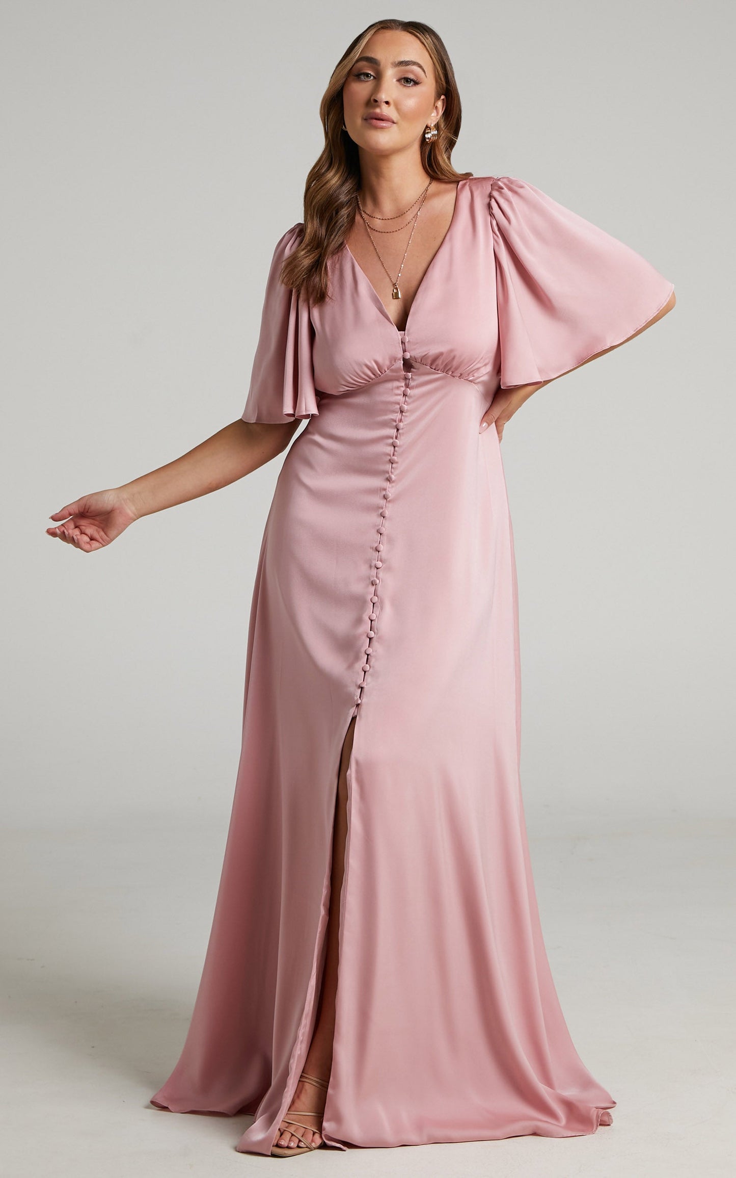 Maryam Maxi Dress - Button Front Flutter Sleeve Dress in Dusty Pink
