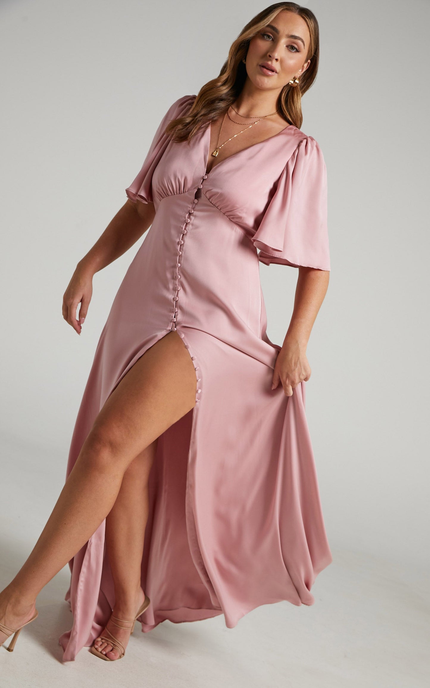 Maryam Maxi Dress - Button Front Flutter Sleeve Dress in Dusty Pink