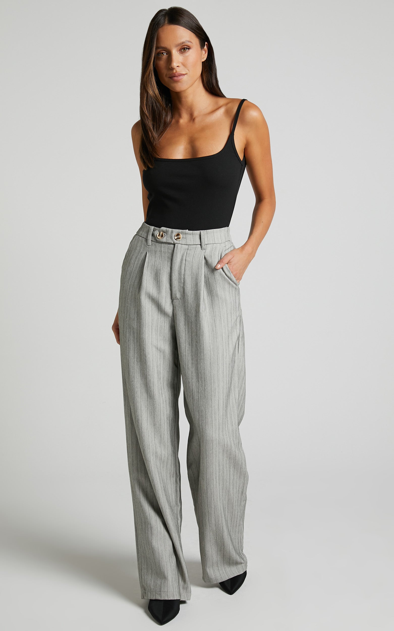 Maryanne - High Waisted Double Button Relaxed Pant in Grey Pinstripe