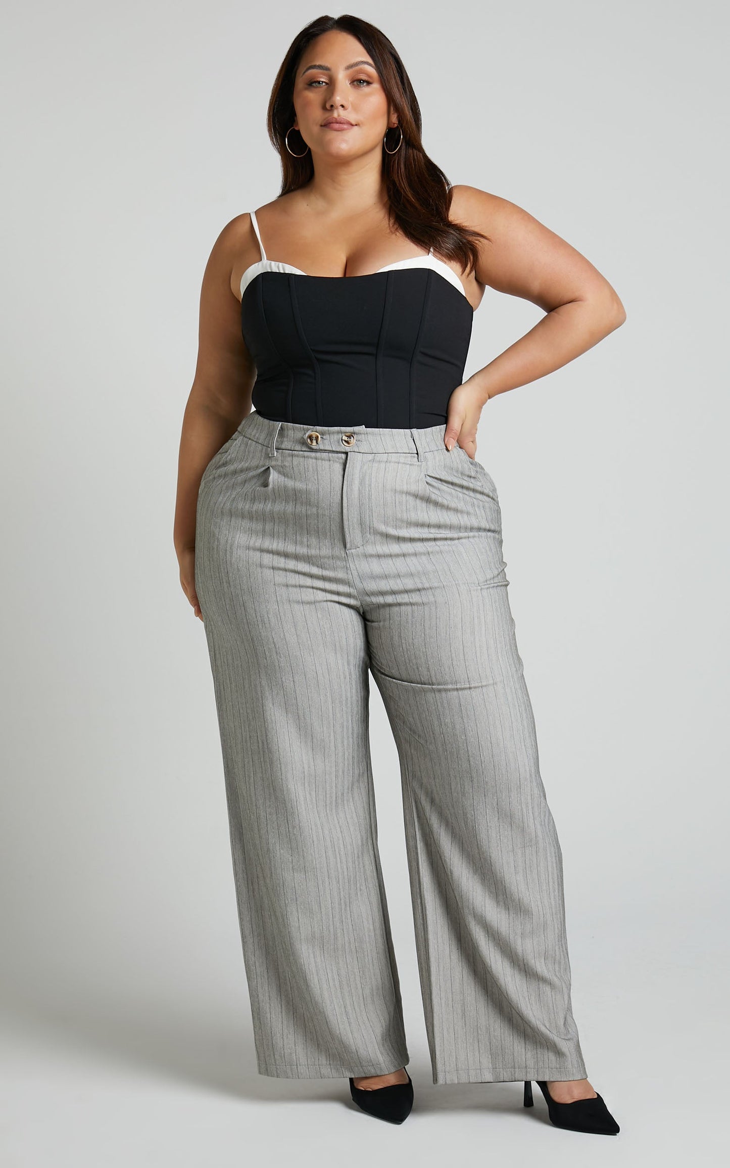 Maryanne - High Waisted Double Button Relaxed Pant in Grey Pinstripe