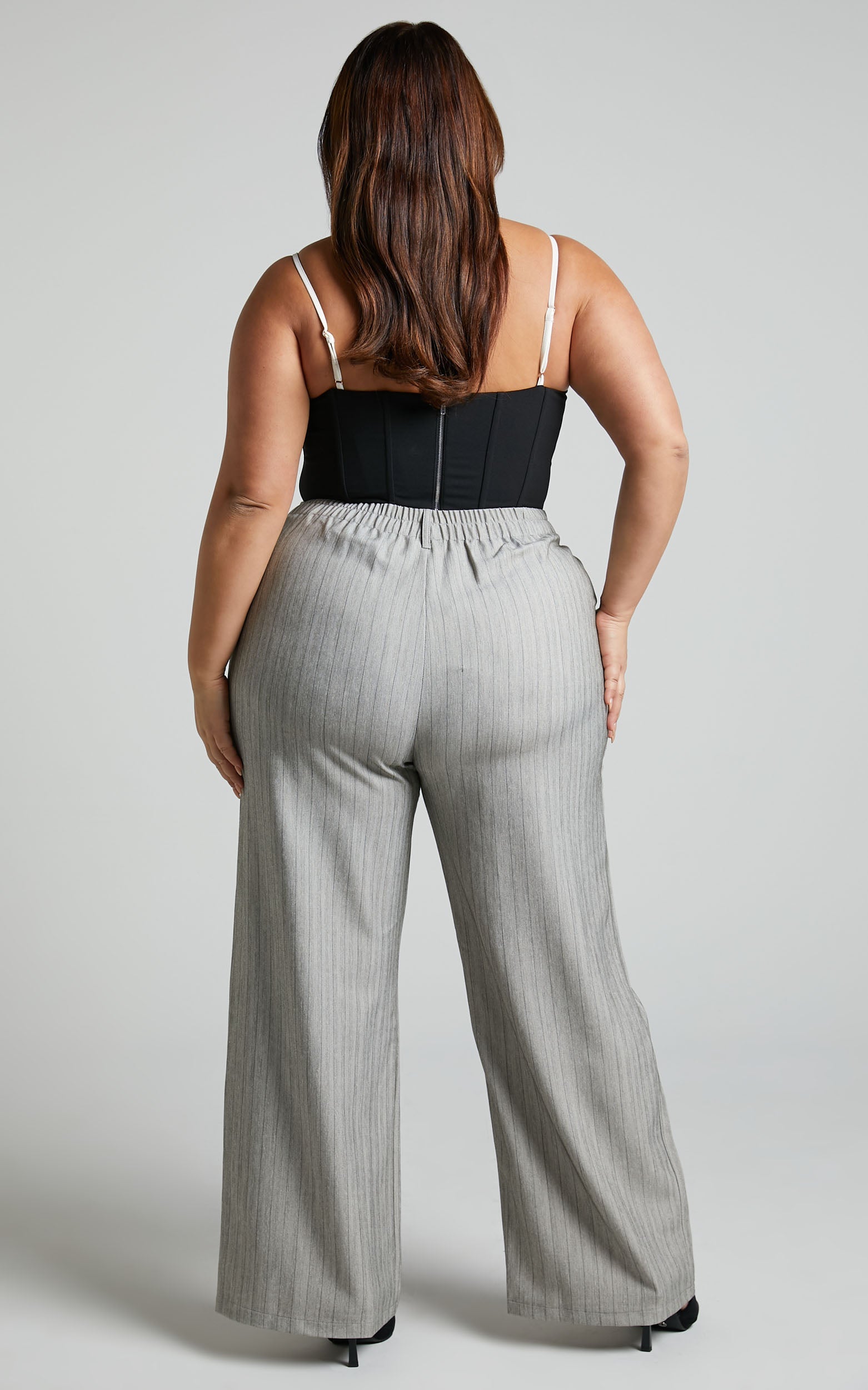 Maryanne - High Waisted Double Button Relaxed Pant in Grey Pinstripe