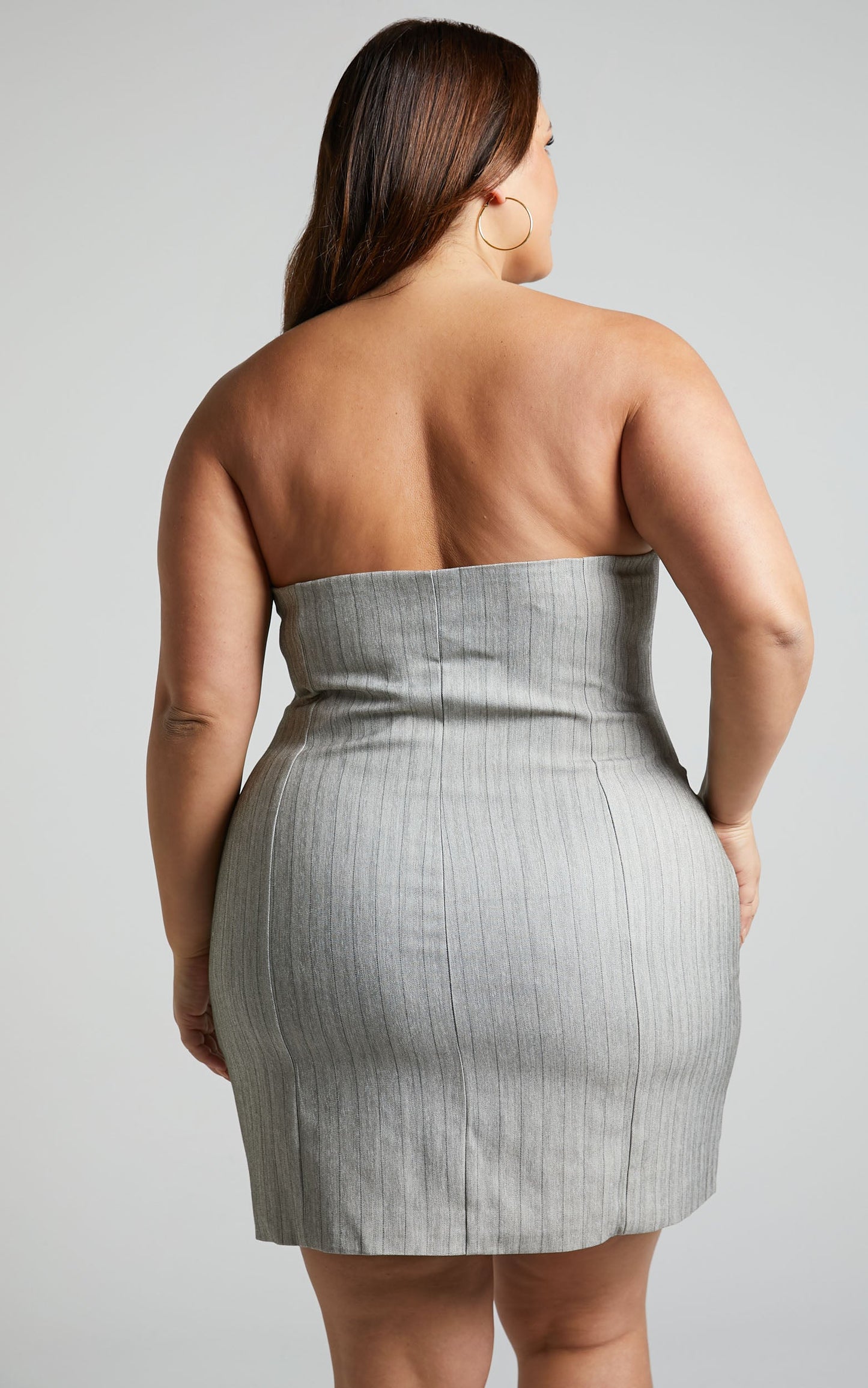 Maryanne Mini Dress - Button Down Corset Strapless Dress in Grey Pinstripe