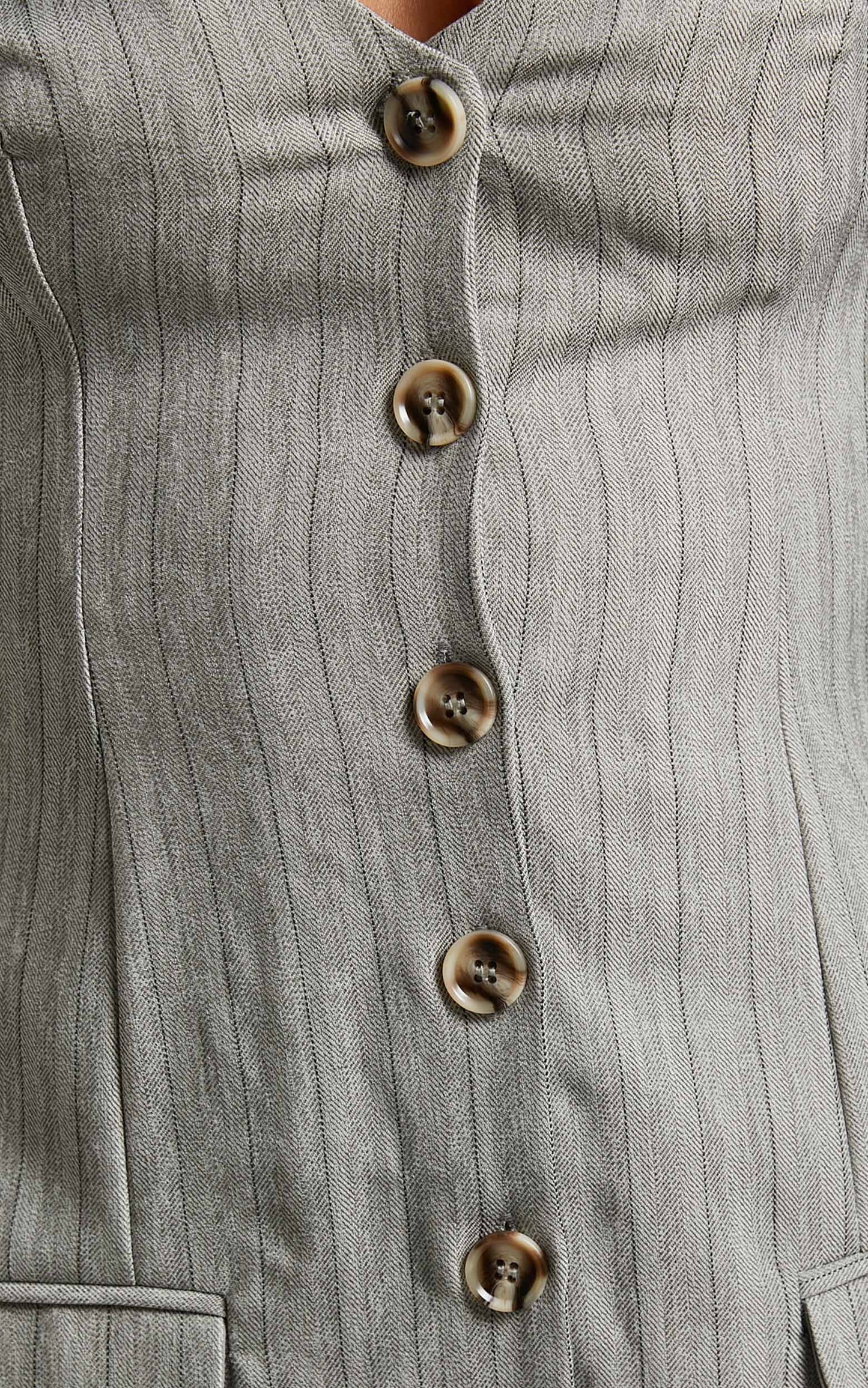 Maryanne Mini Dress - Button Down Corset Strapless Dress in Grey Pinstripe