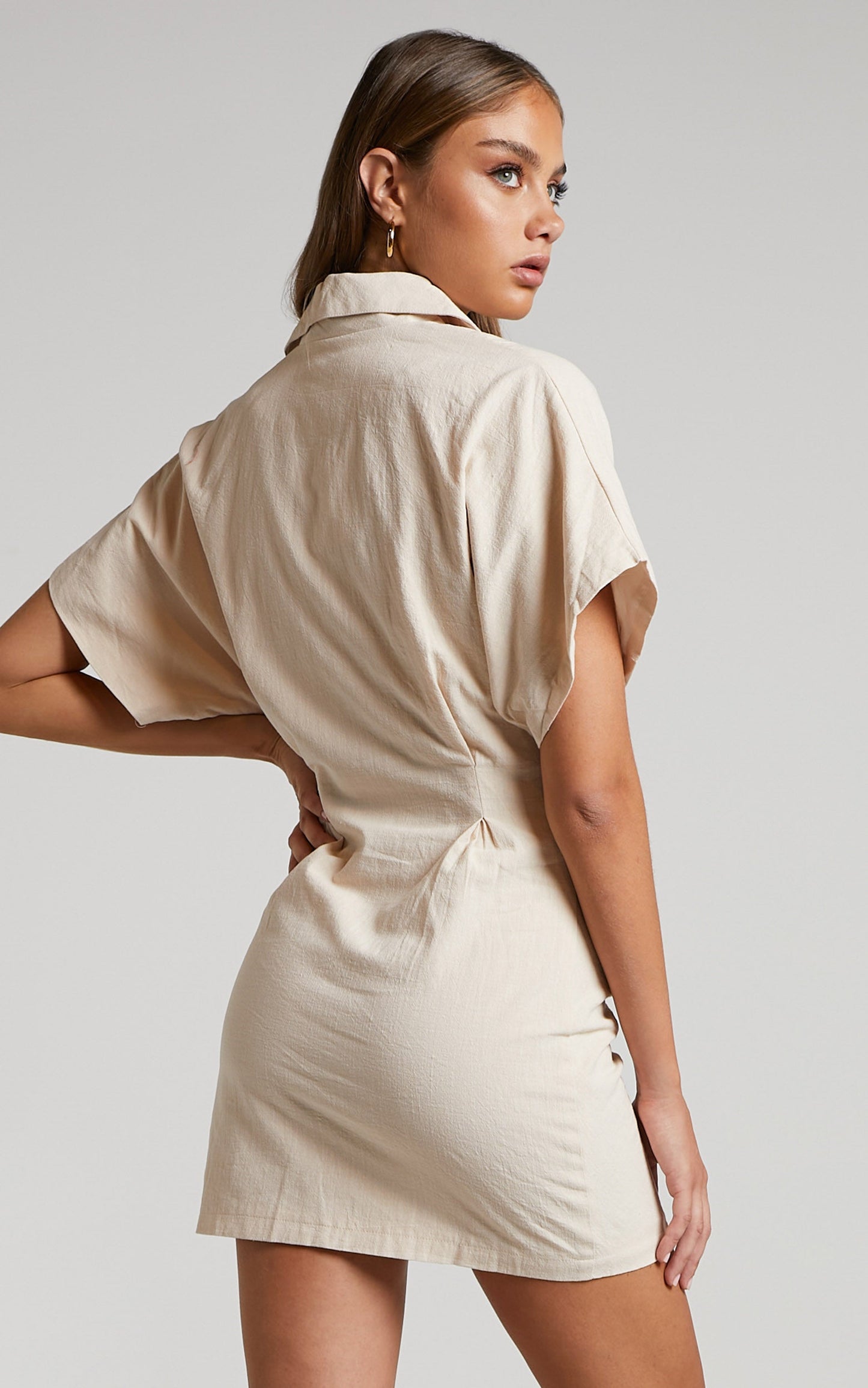 Mateth Mini Dress - Button Up Notched Collar Short Sleeve Dress in Beige