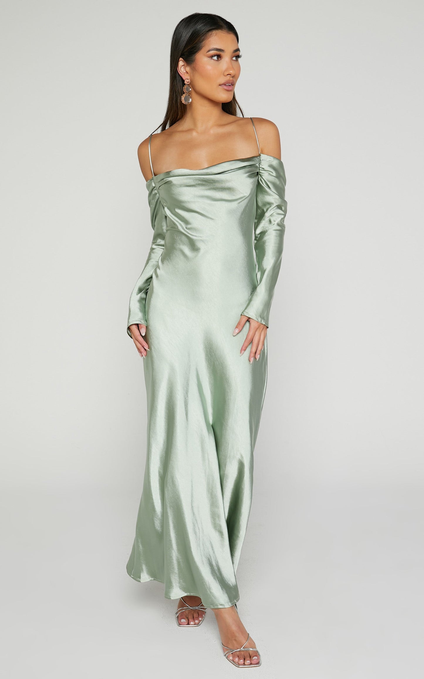 Mavey Midi Dress - Cowl Neck Long Sleeve Dress in Sage