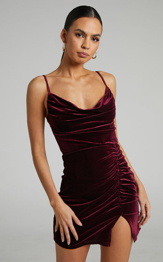 Maybelyn Velvet Ruched Cowl Neck Mini Dress in Burgundy