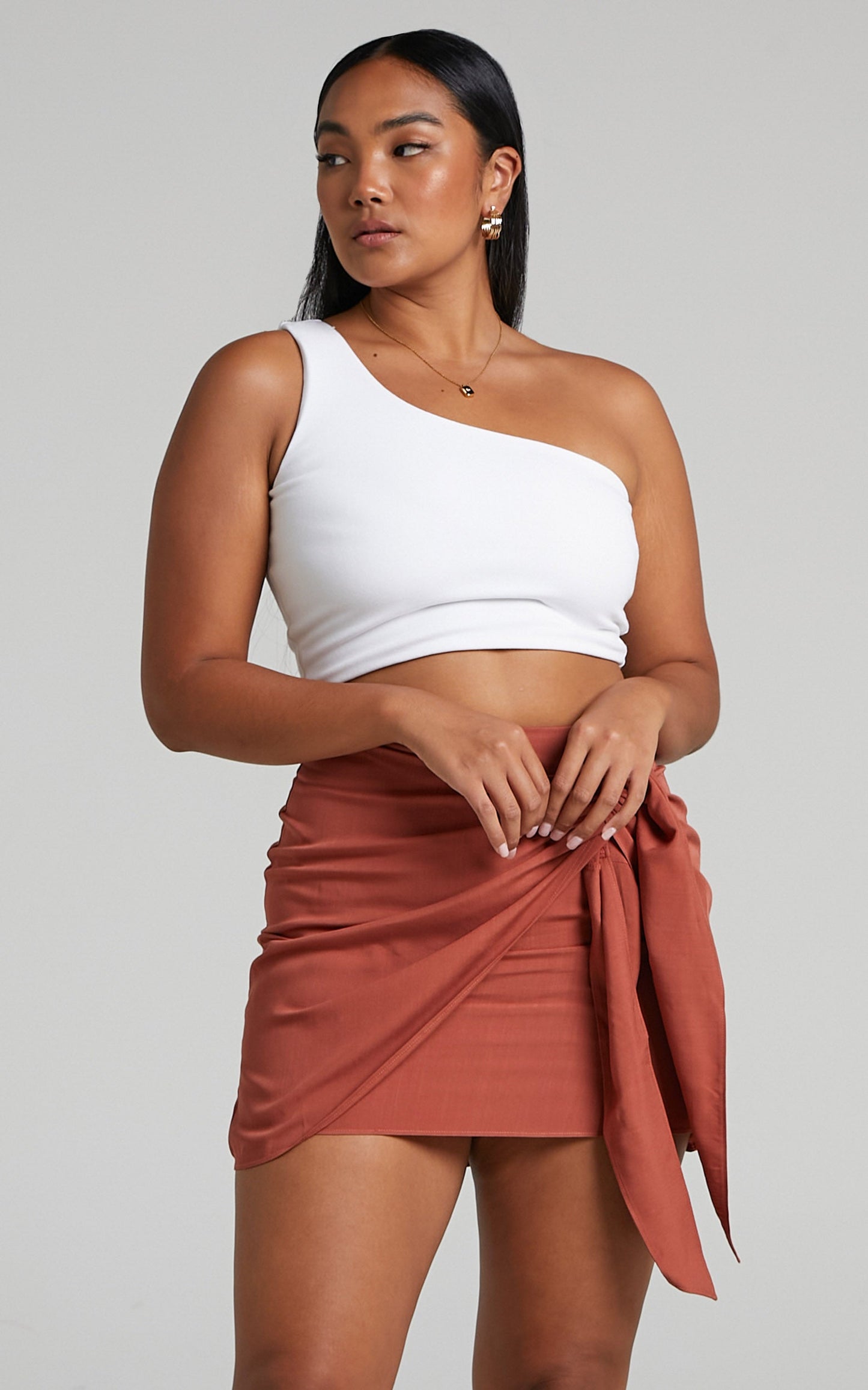 Mayeth Mini Skirt - Tie Front Wrap Skirt in Rust
