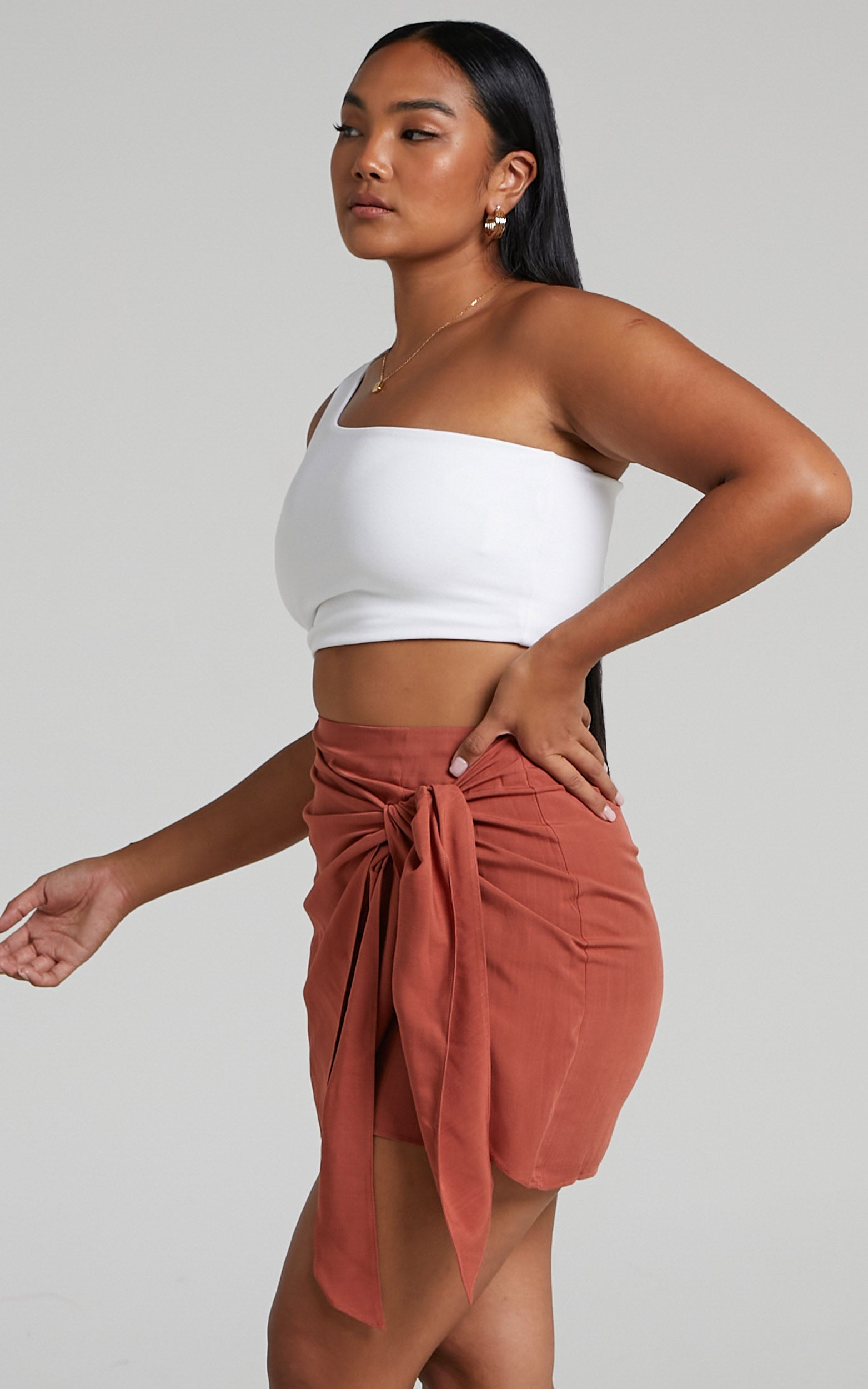 Mayeth Mini Skirt - Tie Front Wrap Skirt in Rust