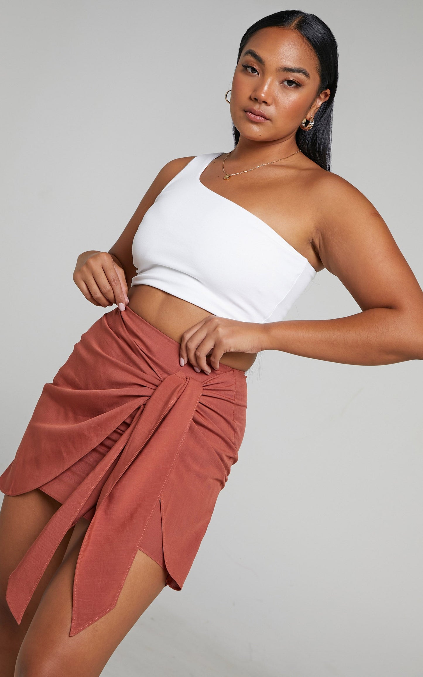 Mayeth Mini Skirt - Tie Front Wrap Skirt in Rust