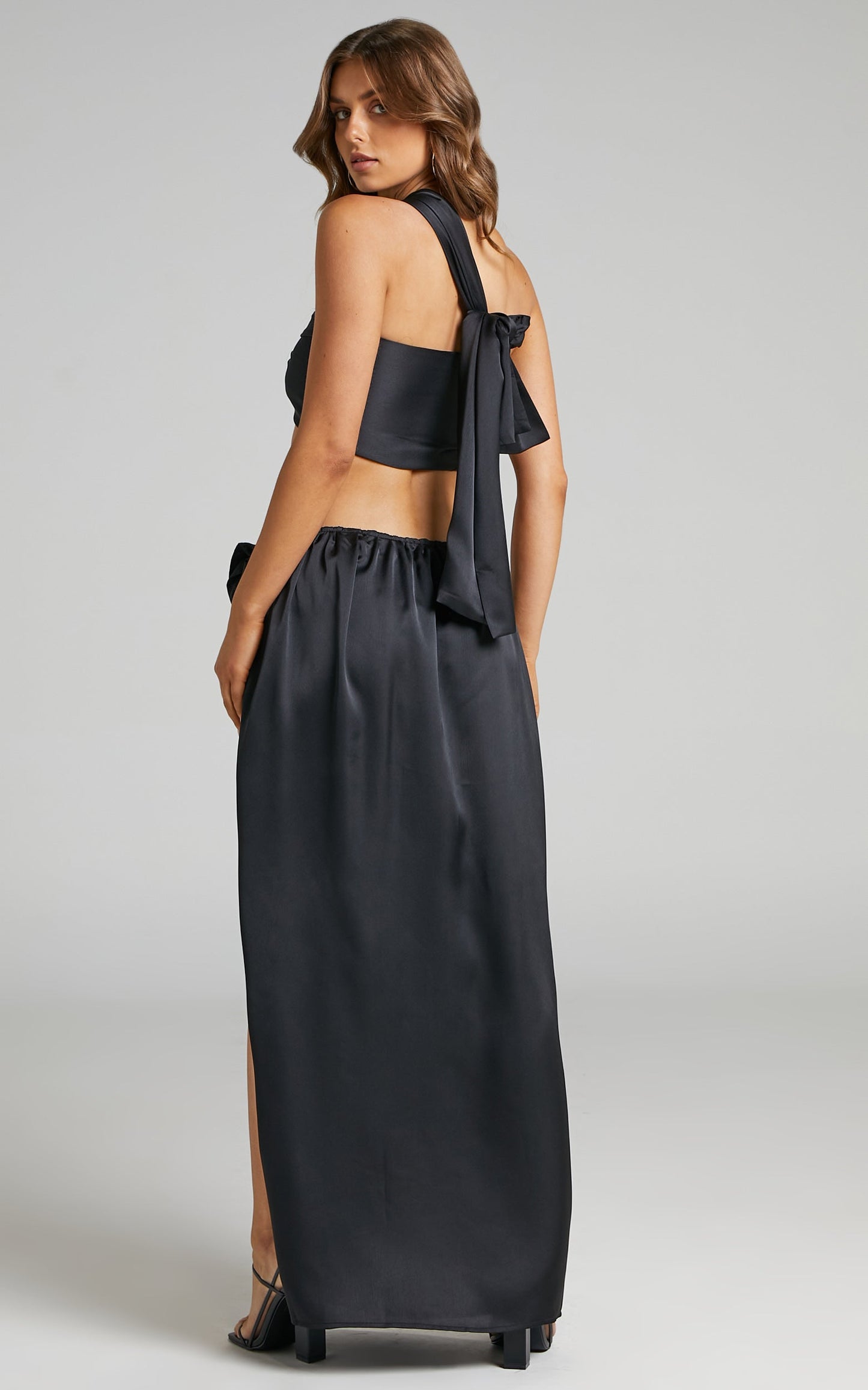 Mayju Two Piece Top and Skirt Set - Satin Look Bandeau and Midi Skirt Set in Black
