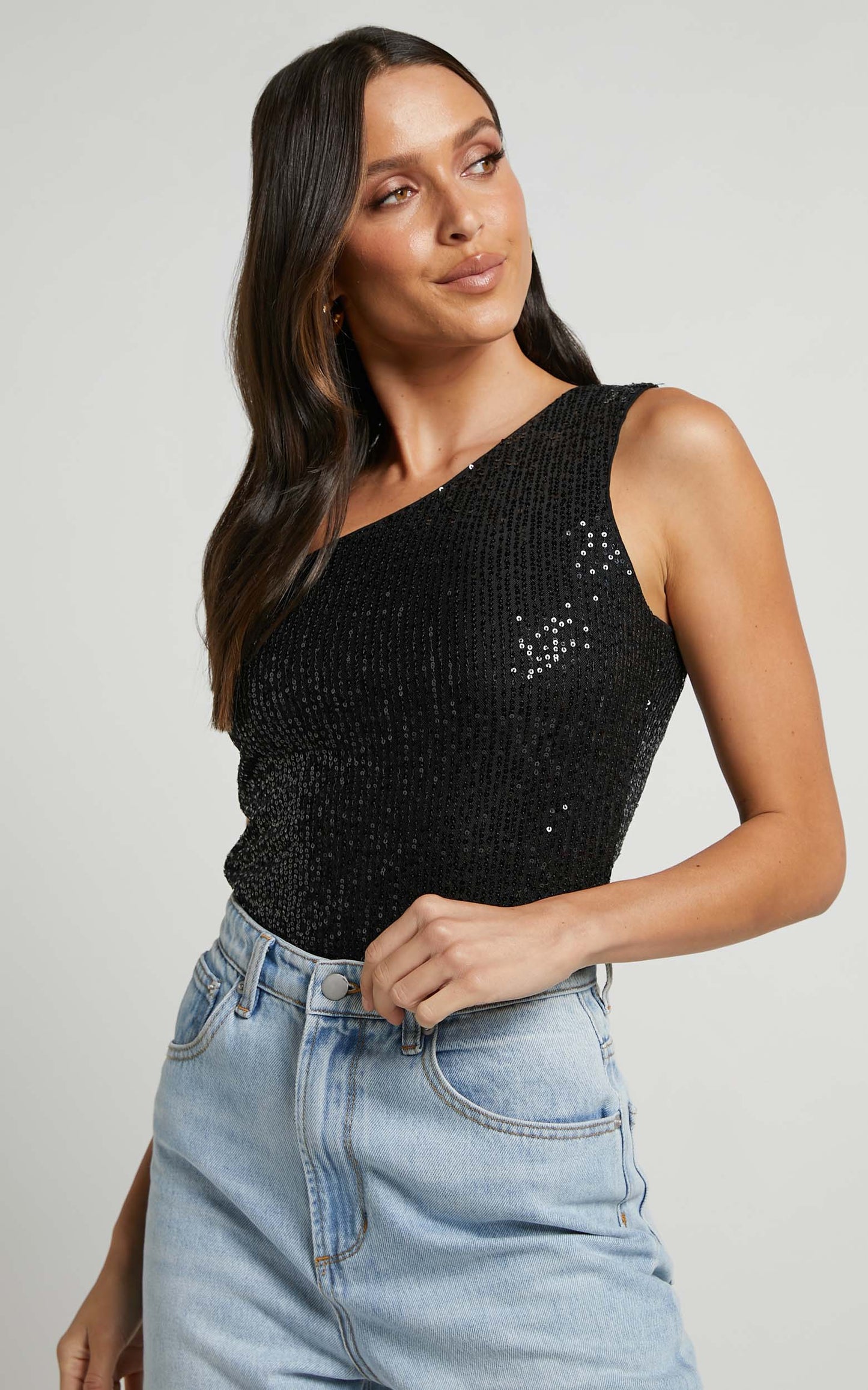 Mayrin Bodysuit - One Shoulder Sequin Bodysuit in Black Sequin