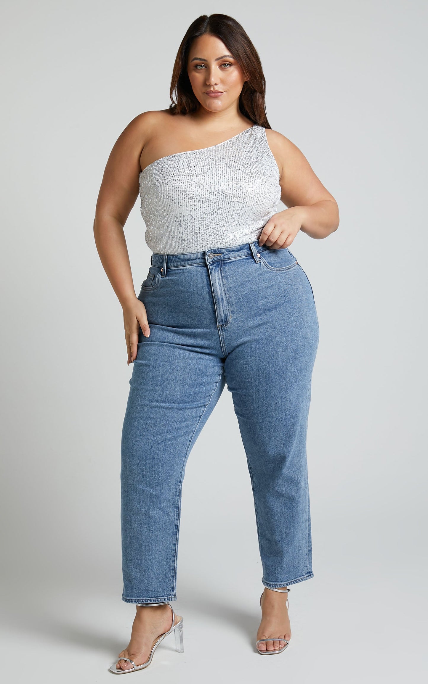 Mayrin Bodysuit - One Shoulder Sequin Bodysuit in Silver Sequin