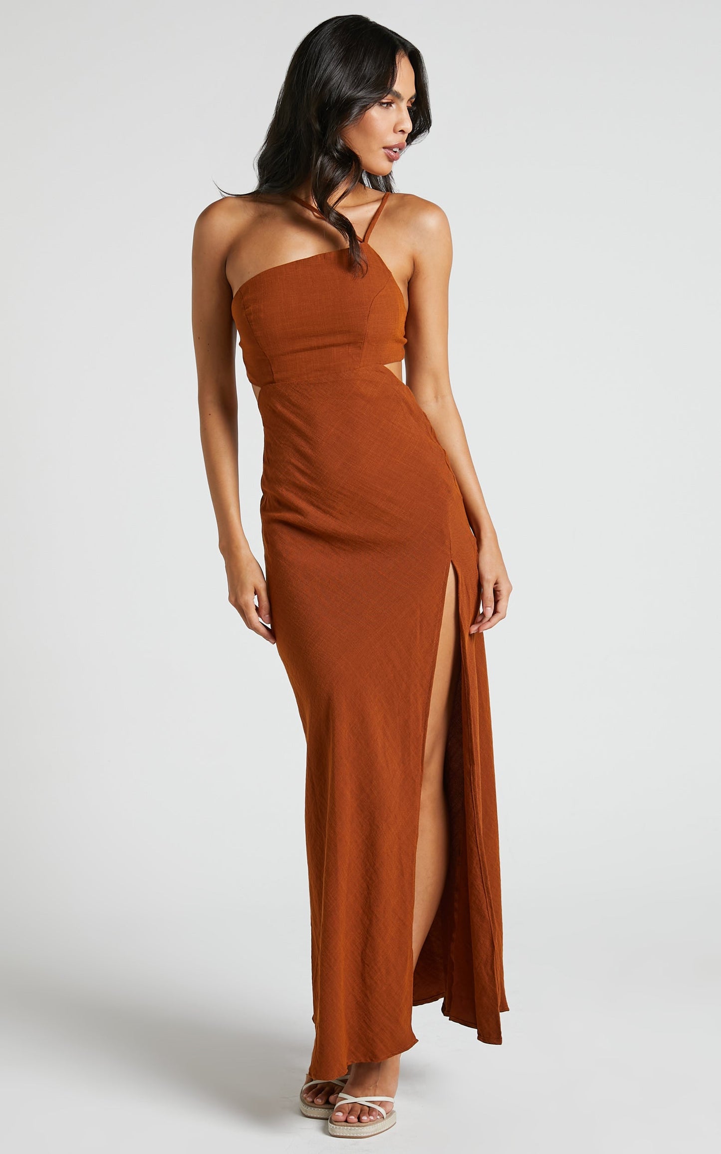 Medea Midi Dress - One Shoulder Cut Out Dress in Rust