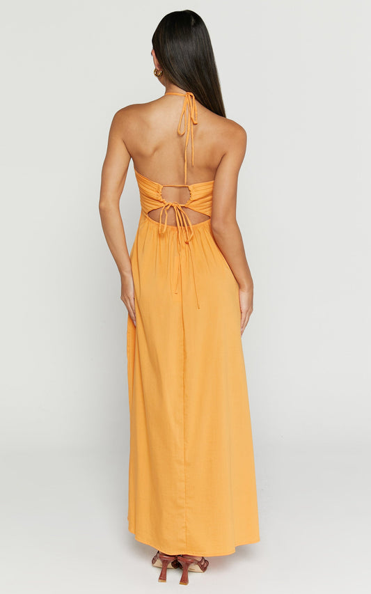 Meghan Midi Dress - Pleat Detail Drop Waist Dress in Orange