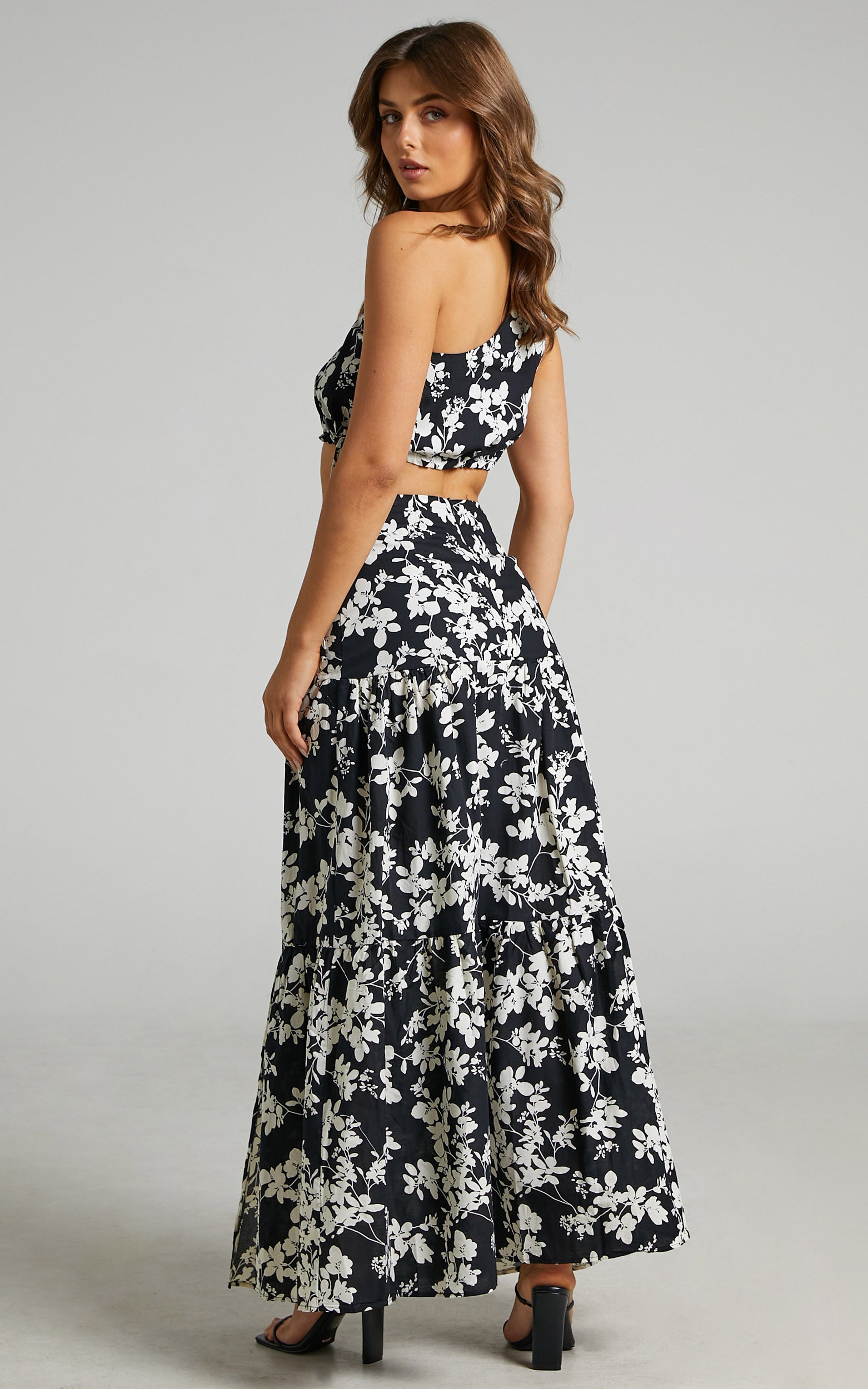 Meghan Two Piece Set - One Shoulder Crop Top and Midi Skirt Set in Black Floral