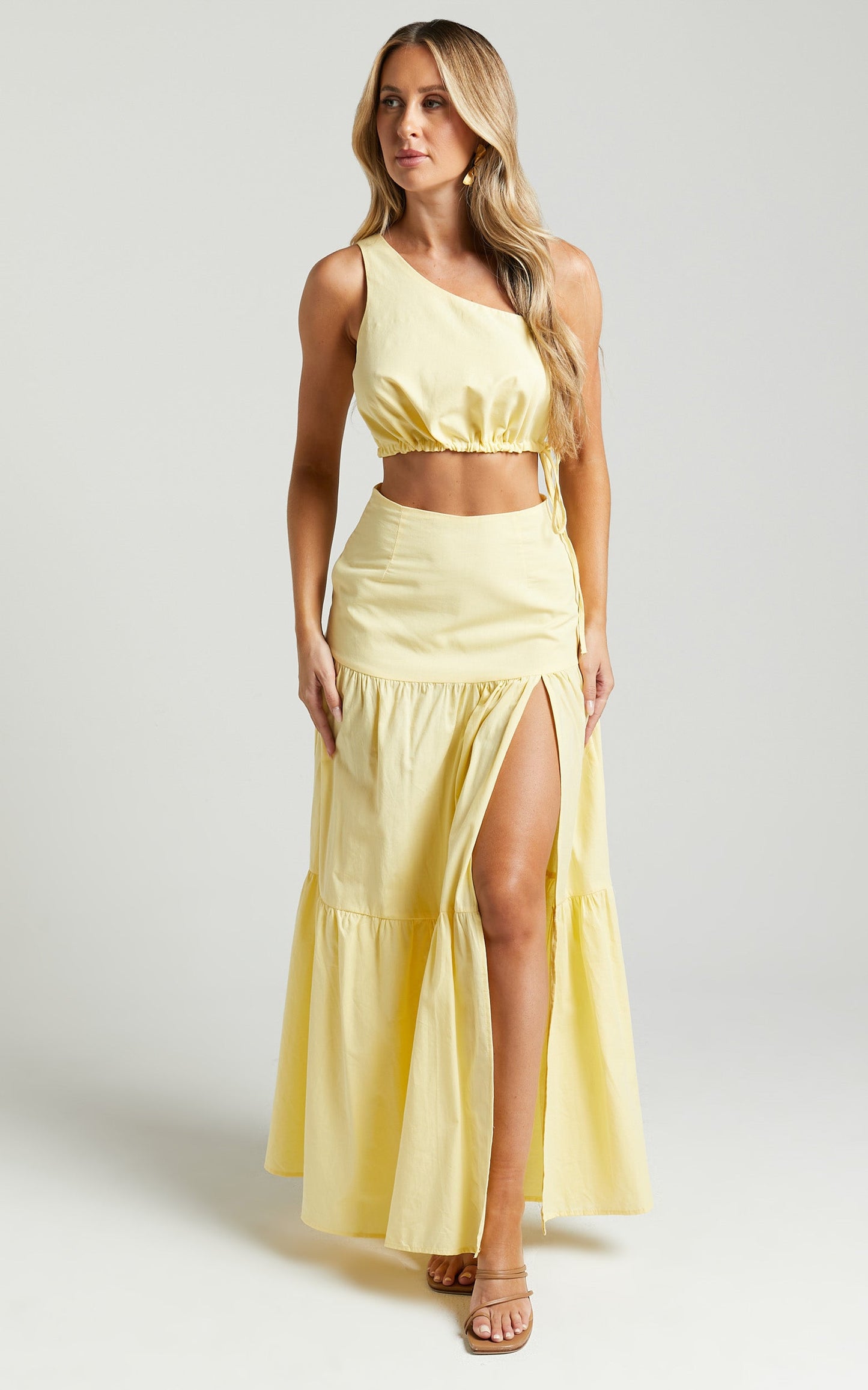 Meghan Two Piece Set - One Shoulder Crop Top and Midi Skirt Set in Butter