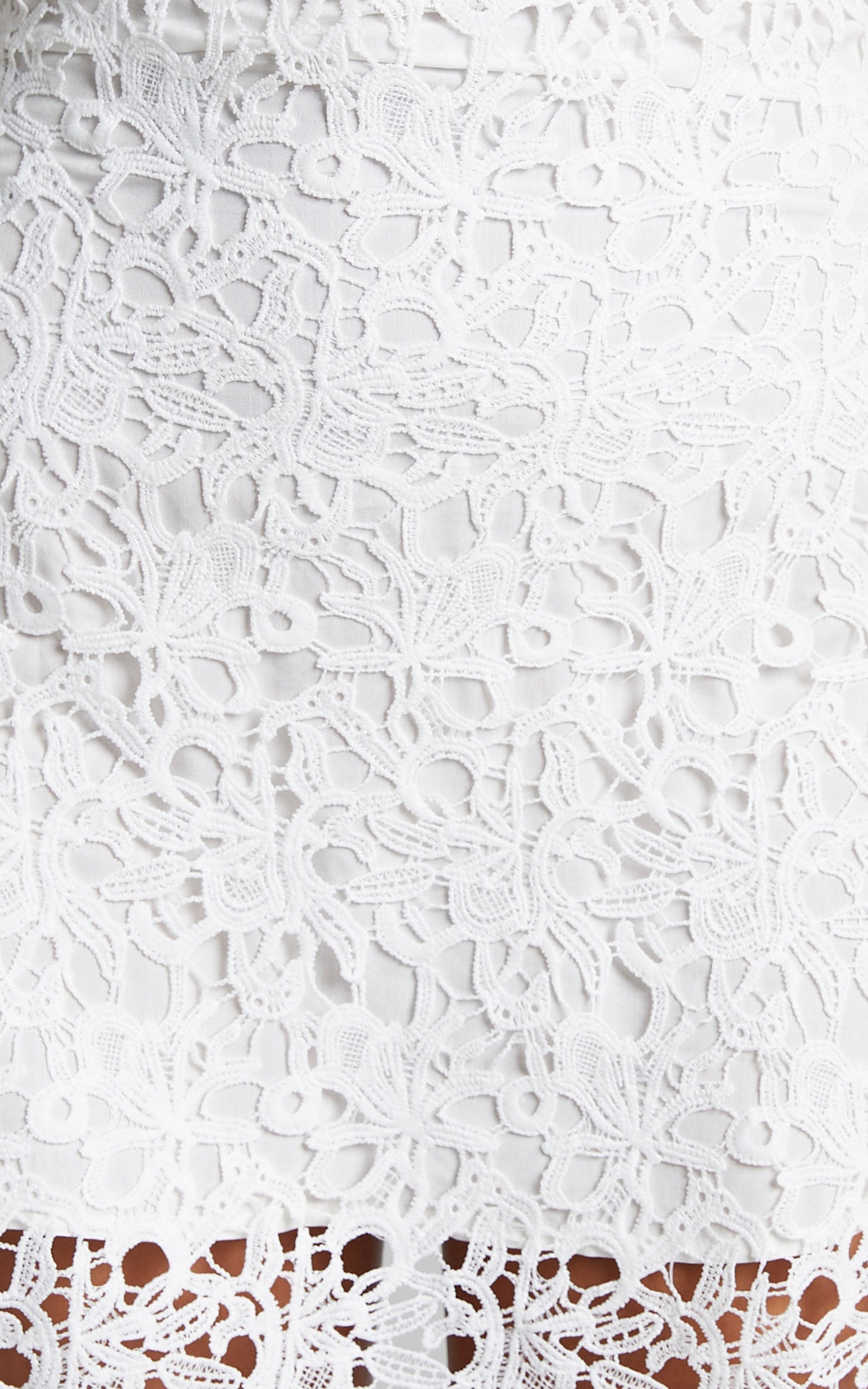 Megumi Cross Back High Neck Mini Dress in Broderie Lace in White