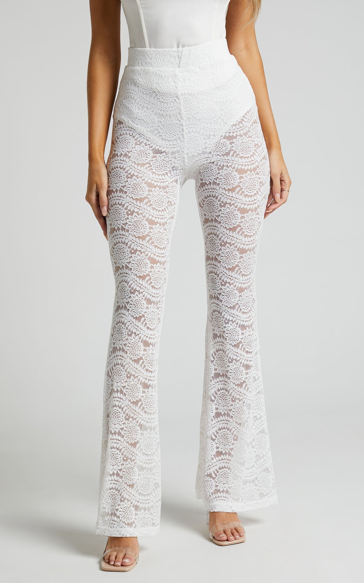 Mehca Pants - High Waisted Lace Flared Pant in White