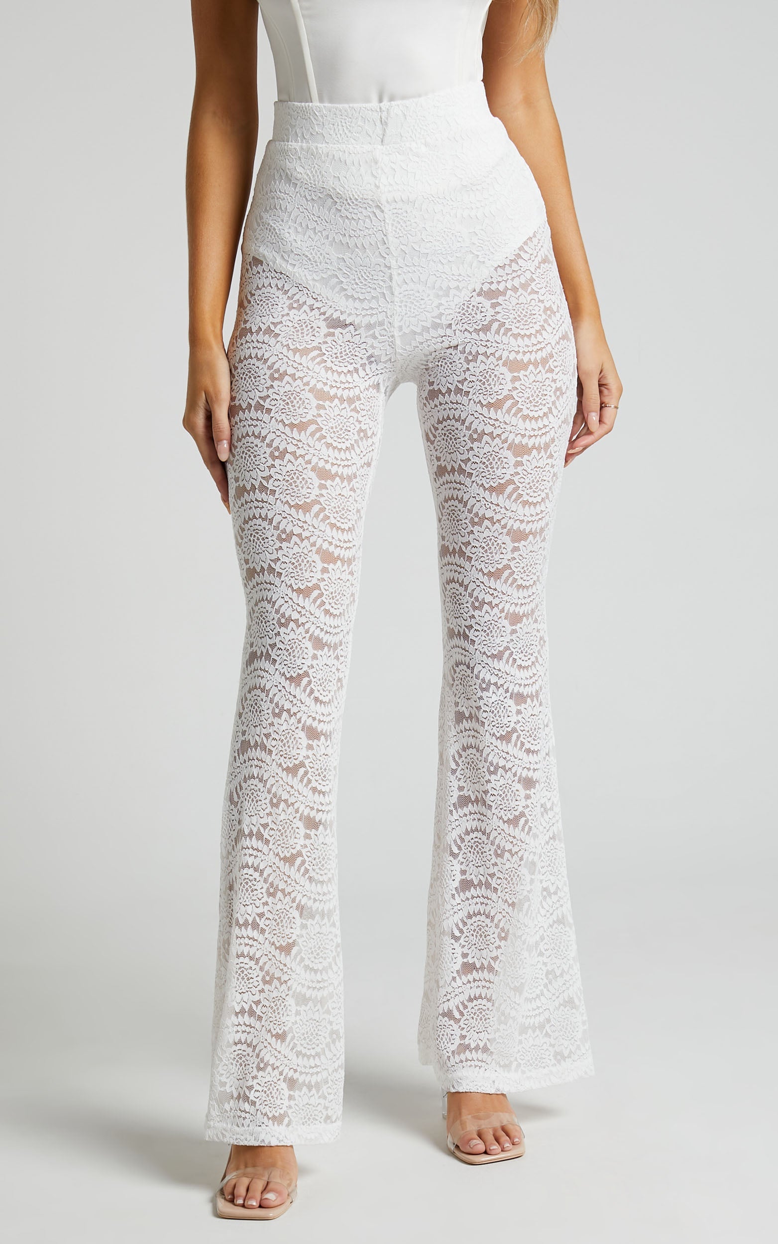 Mehca Pants - High Waisted Lace Flared Pant in White