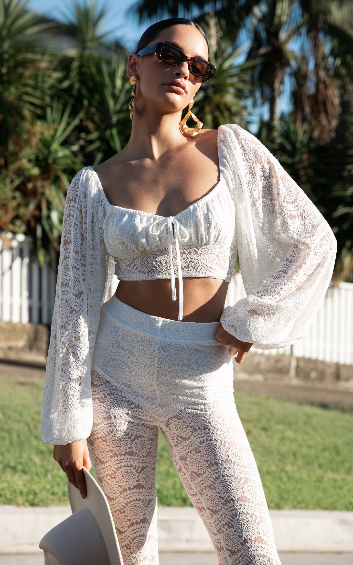Mehca Top - Lace Blouson Sleeve Crop Top in White