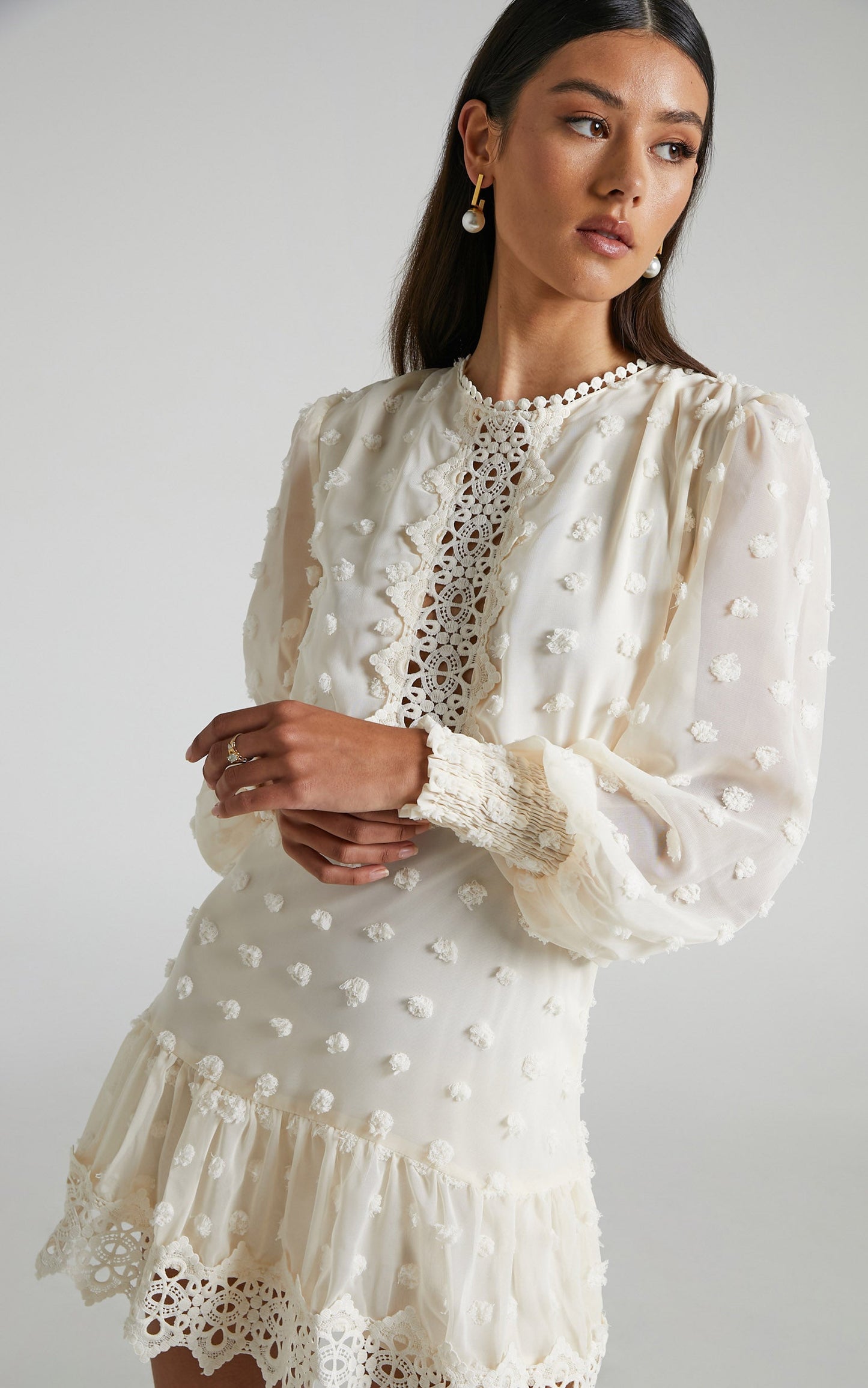 Meihna Mini Dress - Lace Detail Long Sleeve Dress in Cream