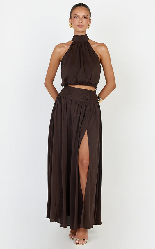 Melanie Maxi Skirt - Gathered Yoke Skirt in Brown