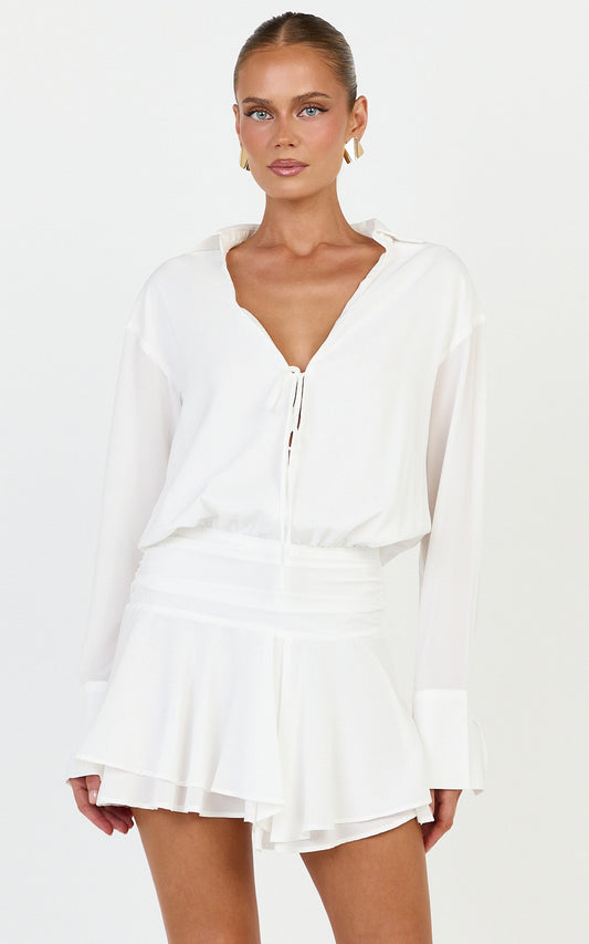 Melanie Mini Dress -  Tie Front Long Sleeve Shirt Dress in White
