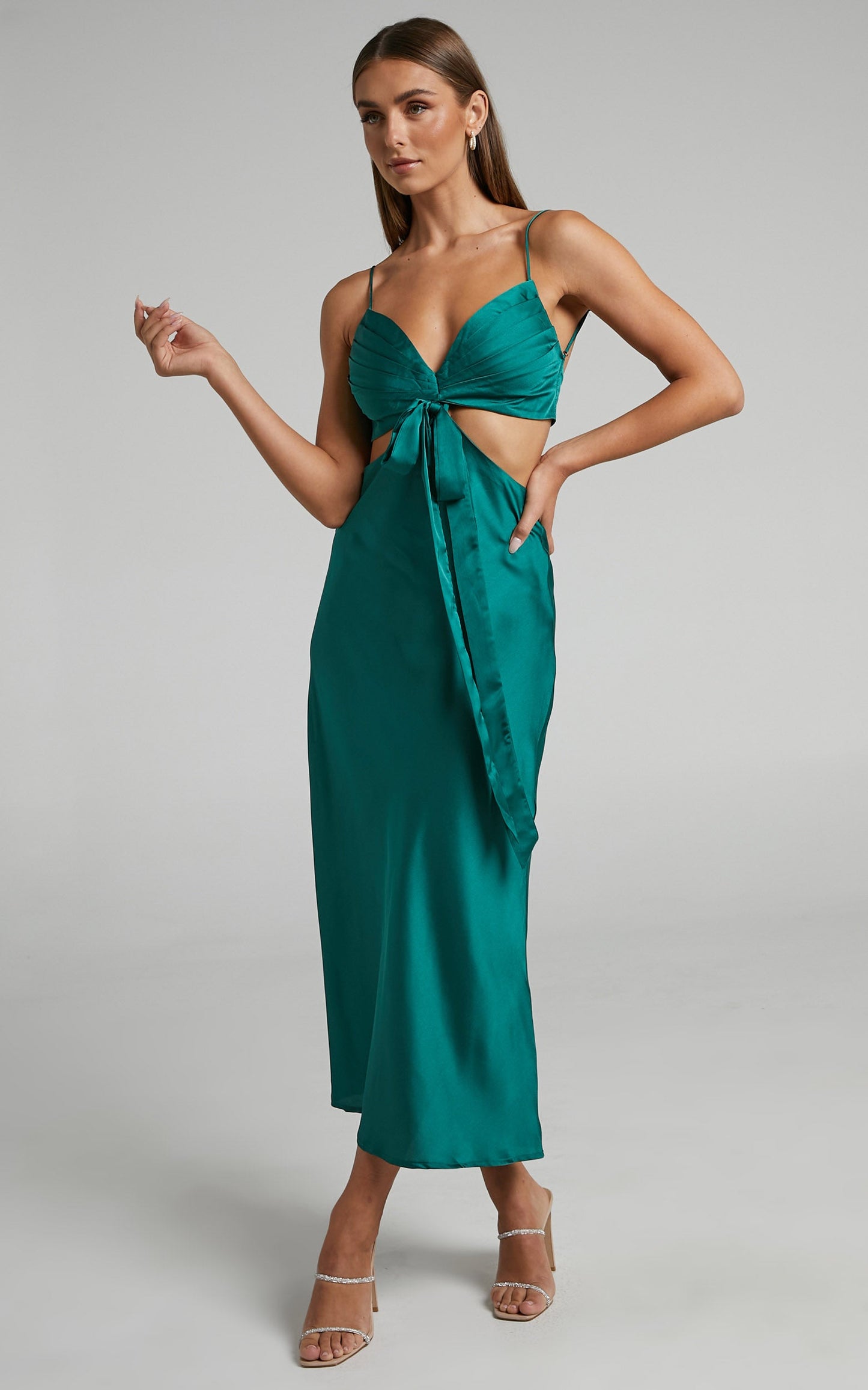 Melany Midi Dress - Pleated Bust Cut Out Tie Detail Satin Slip Dress in Emerald