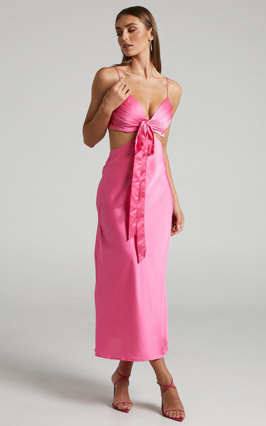 Melany Midi Dress - Pleated Bust Cut Out Tie Detail Satin Slip Dress in Pink