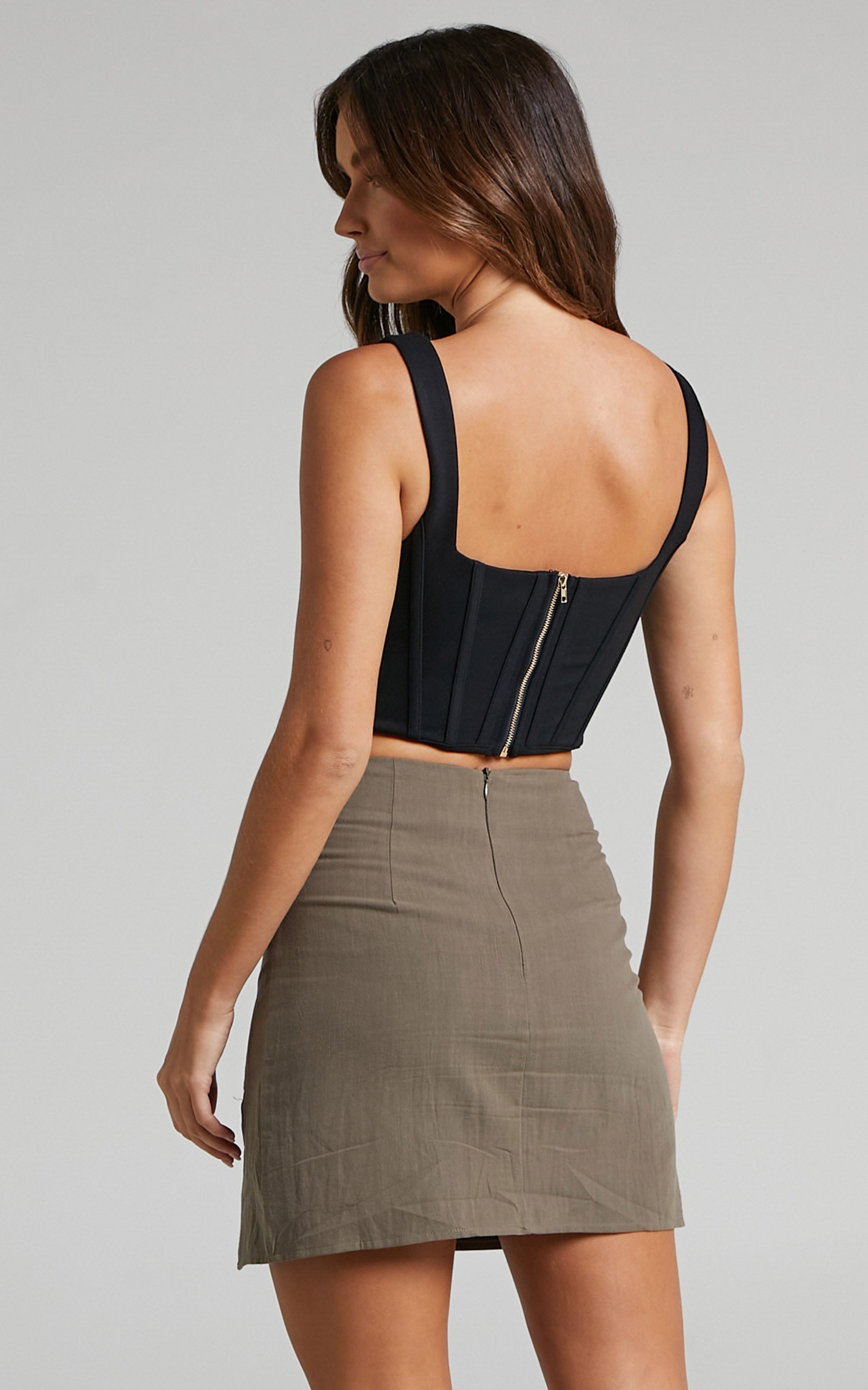 Melinda Button Detail Wrap Style Mini Linen Blend Skirt in Khaki