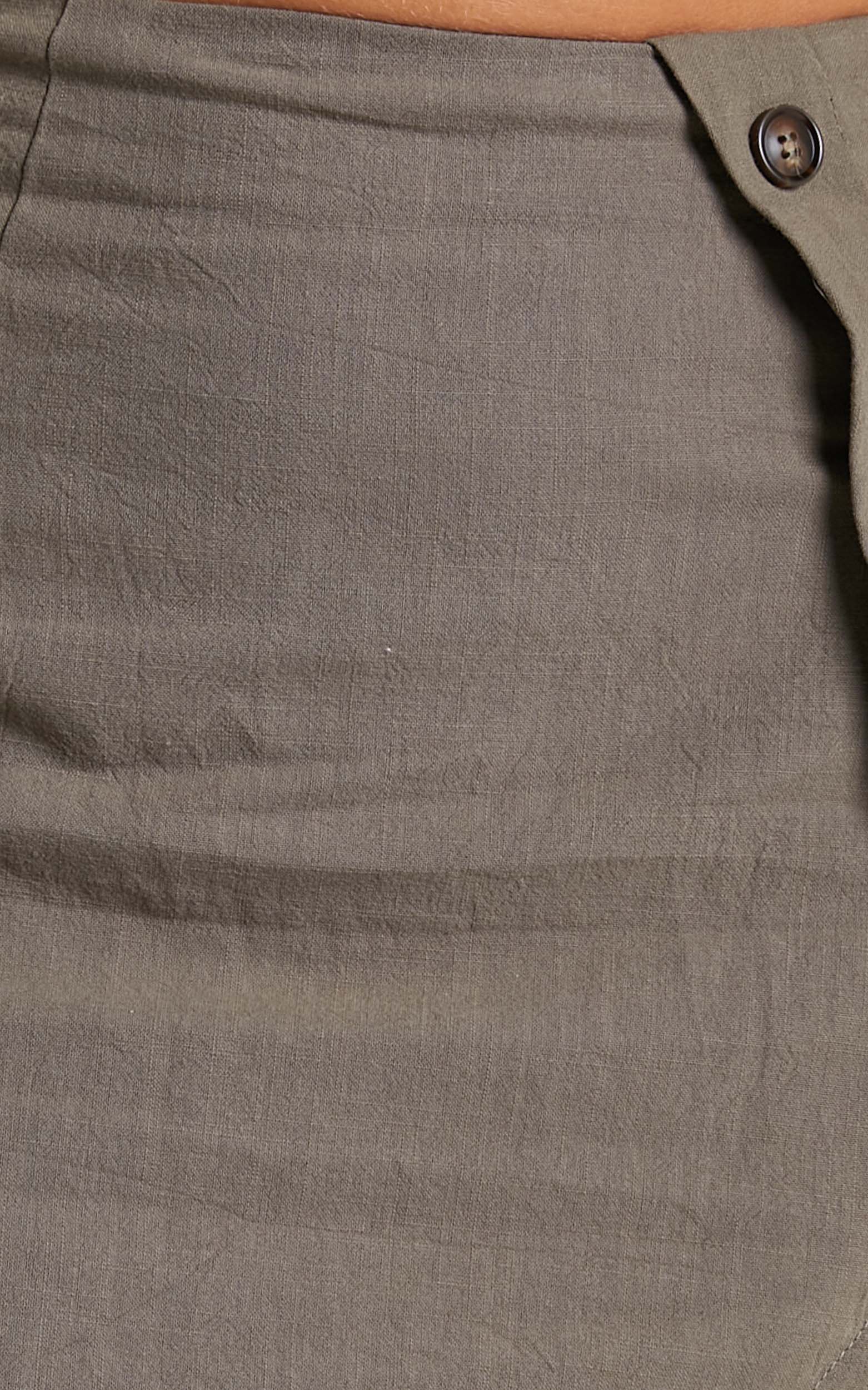 Melinda Button Detail Wrap Style Mini Linen Blend Skirt in Khaki