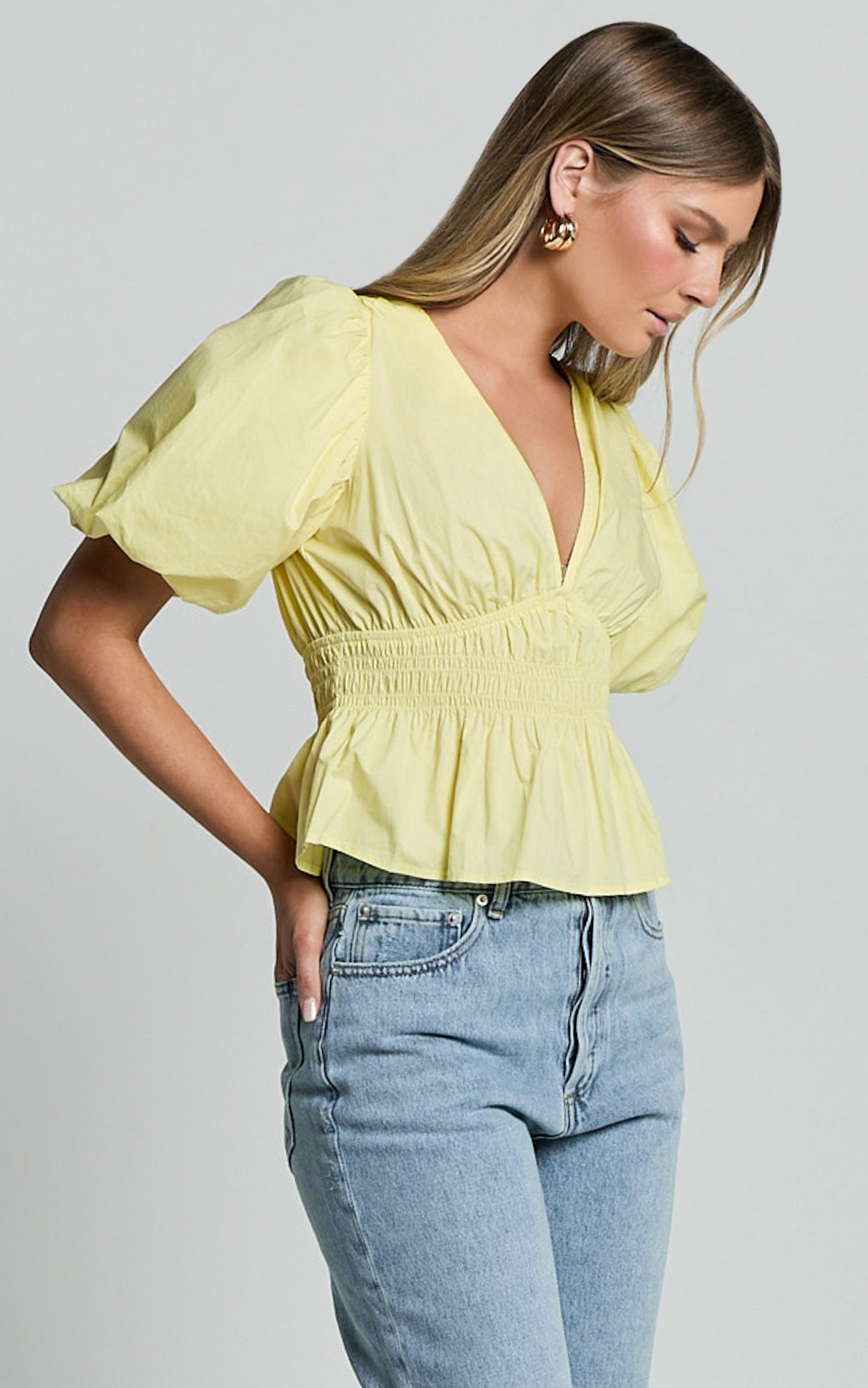 Mellie Top - Puff Sleeve Peplum Top in Yellow