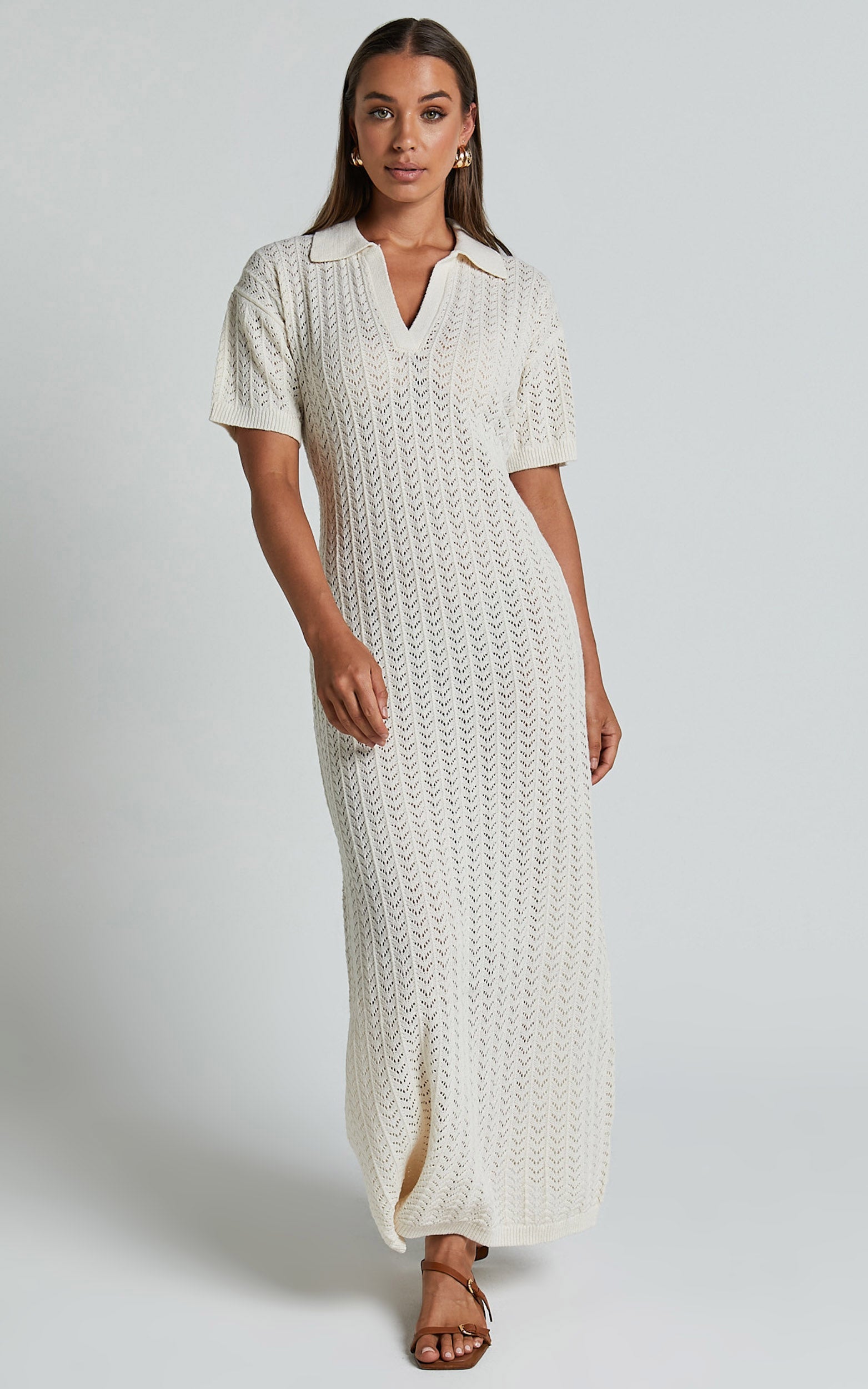 Mellissa Knitted Maxi Dress - Polo Neck Crochet Knitted Dress in Beige