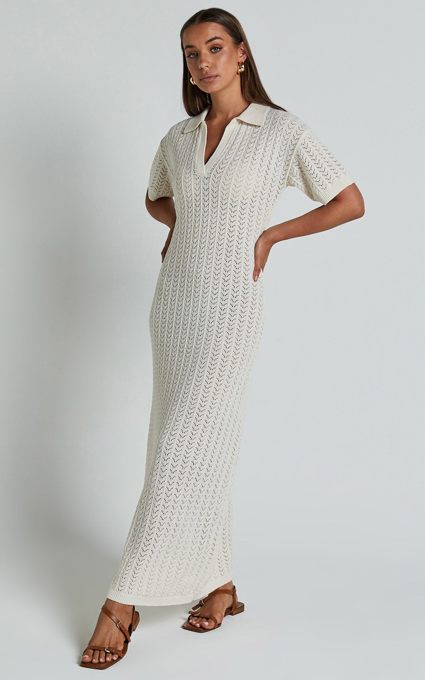 Mellissa Knitted Maxi Dress - Polo Neck Crochet Knitted Dress in Beige