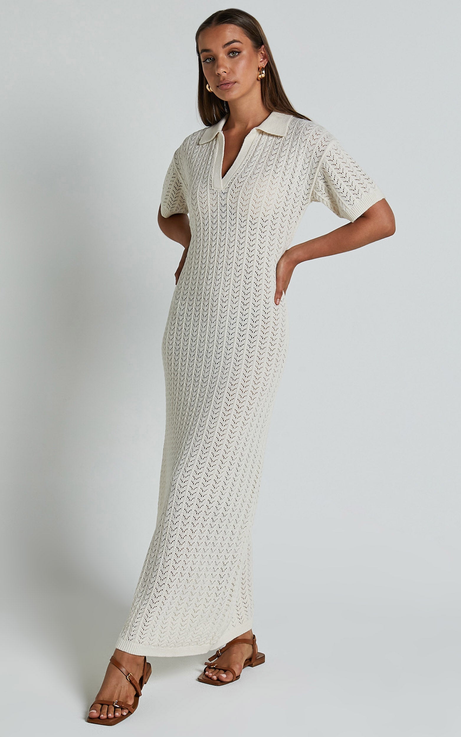 Mellissa Knitted Maxi Dress - Polo Neck Crochet Knitted Dress in Beige
