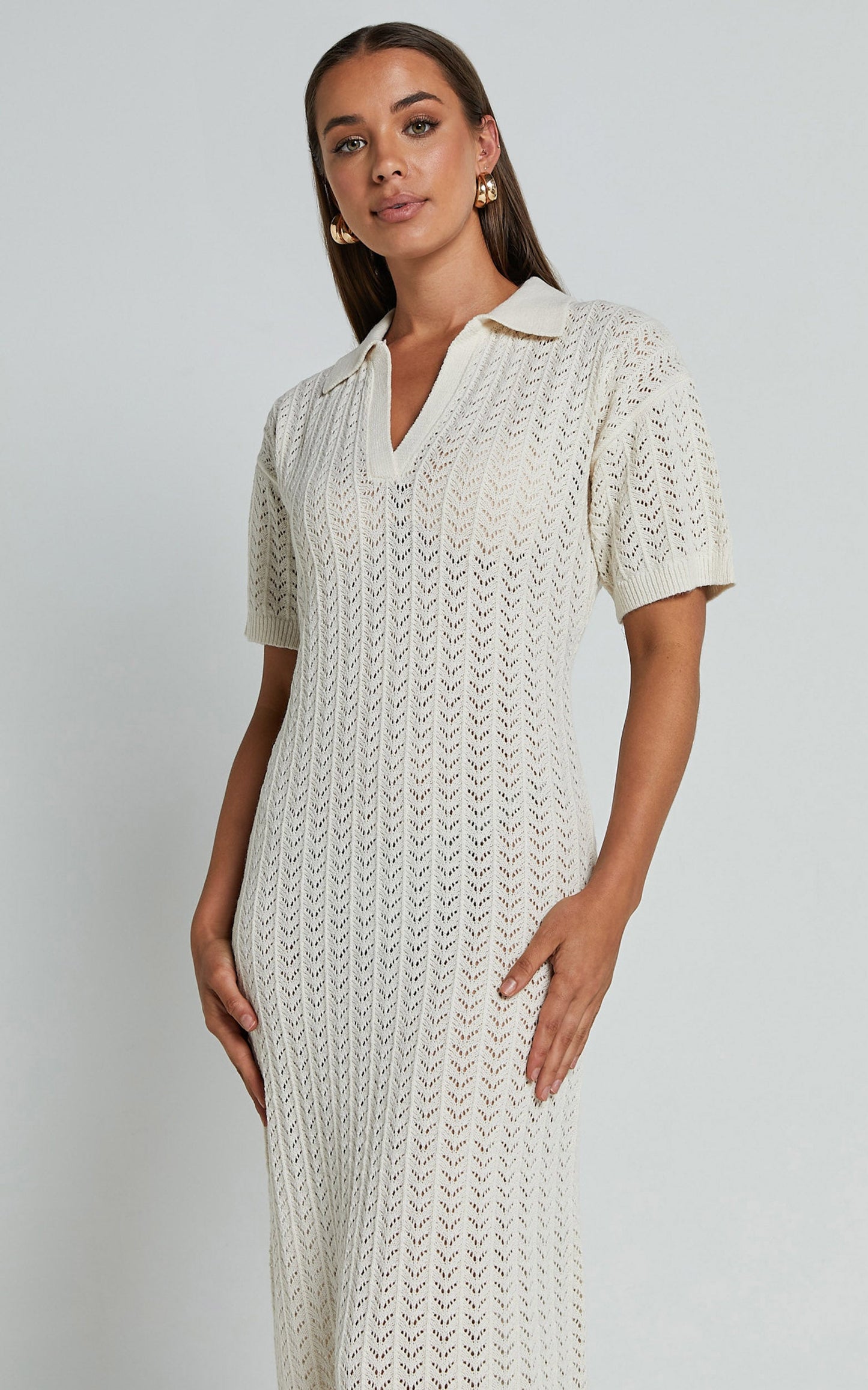 Mellissa Knitted Maxi Dress - Polo Neck Crochet Knitted Dress in Beige