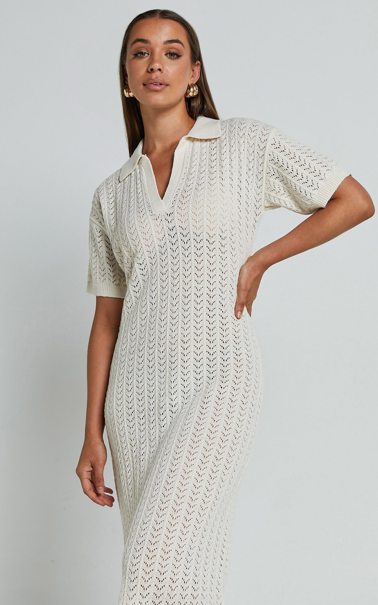 Mellissa Knitted Maxi Dress - Polo Neck Crochet Knitted Dress in Beige
