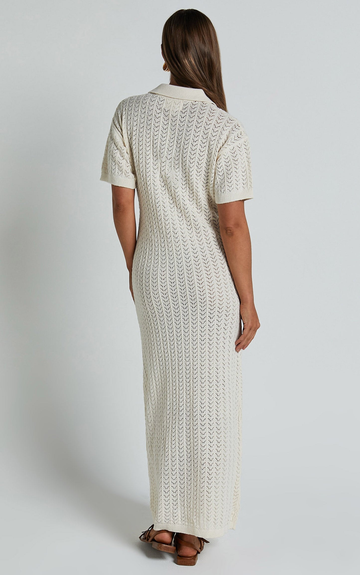 Mellissa Knitted Maxi Dress - Polo Neck Crochet Knitted Dress in Beige