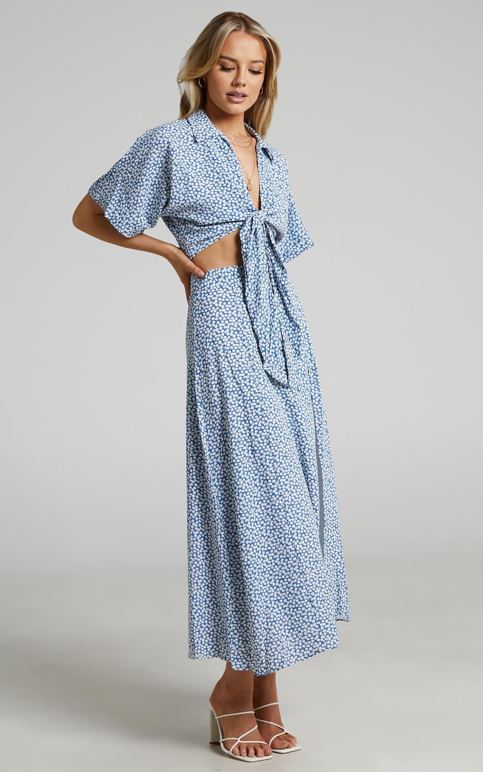 Melodie Tie Front Short Sleeve Crop Top and Split Midi Skirt Two Piece Set in Blue Floral