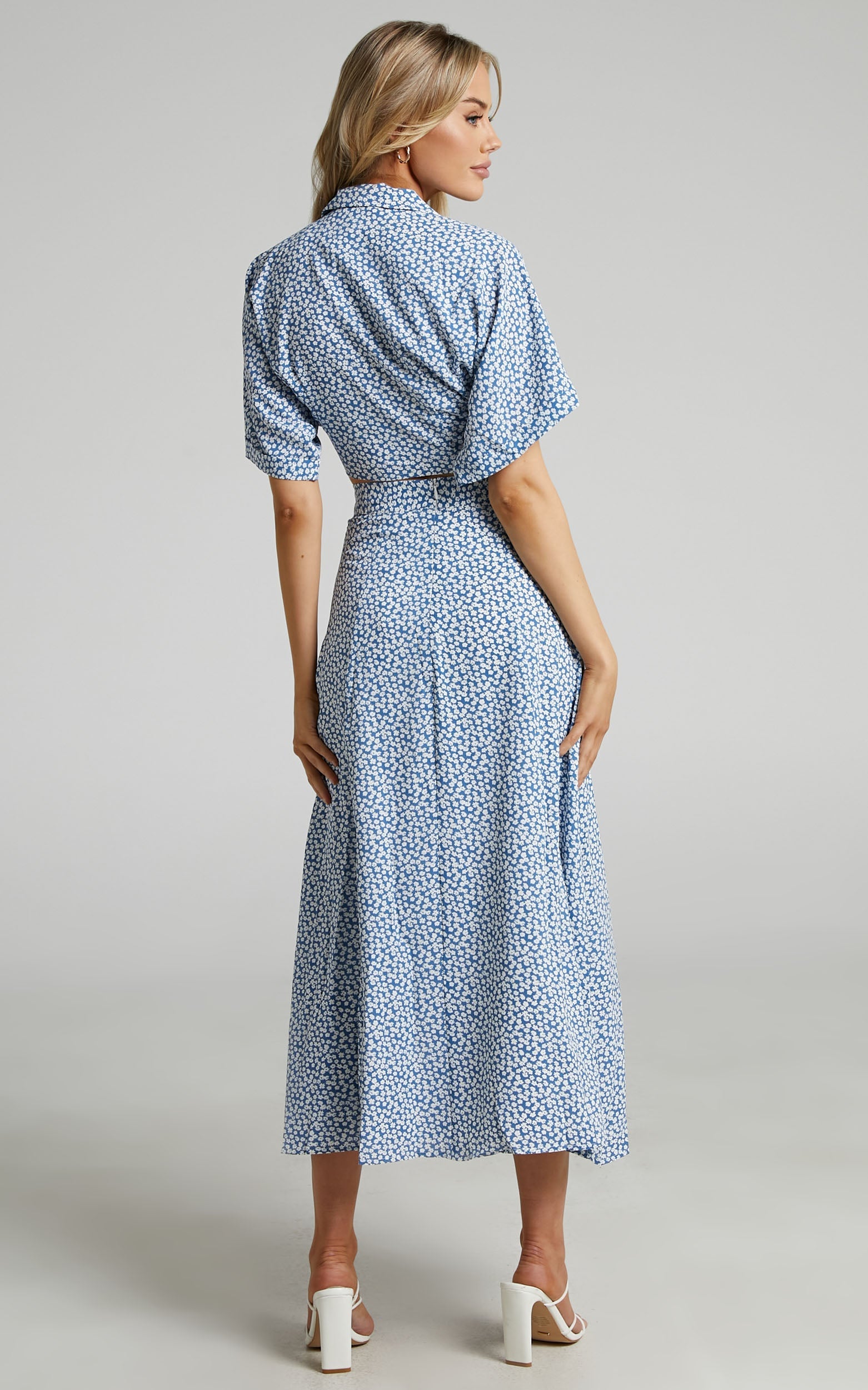 Melodie Tie Front Short Sleeve Crop Top and Split Midi Skirt Two Piece Set in Blue Floral