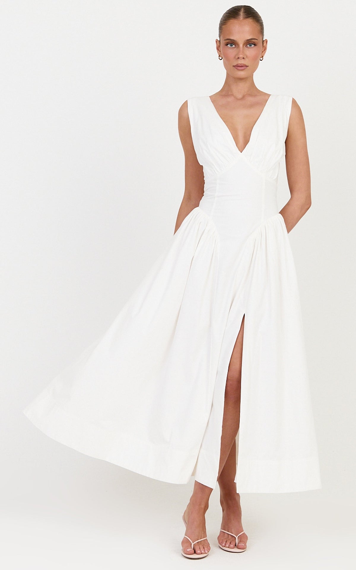 Melody Midi Dress - Cotton V Neck A Line Dress in Off White