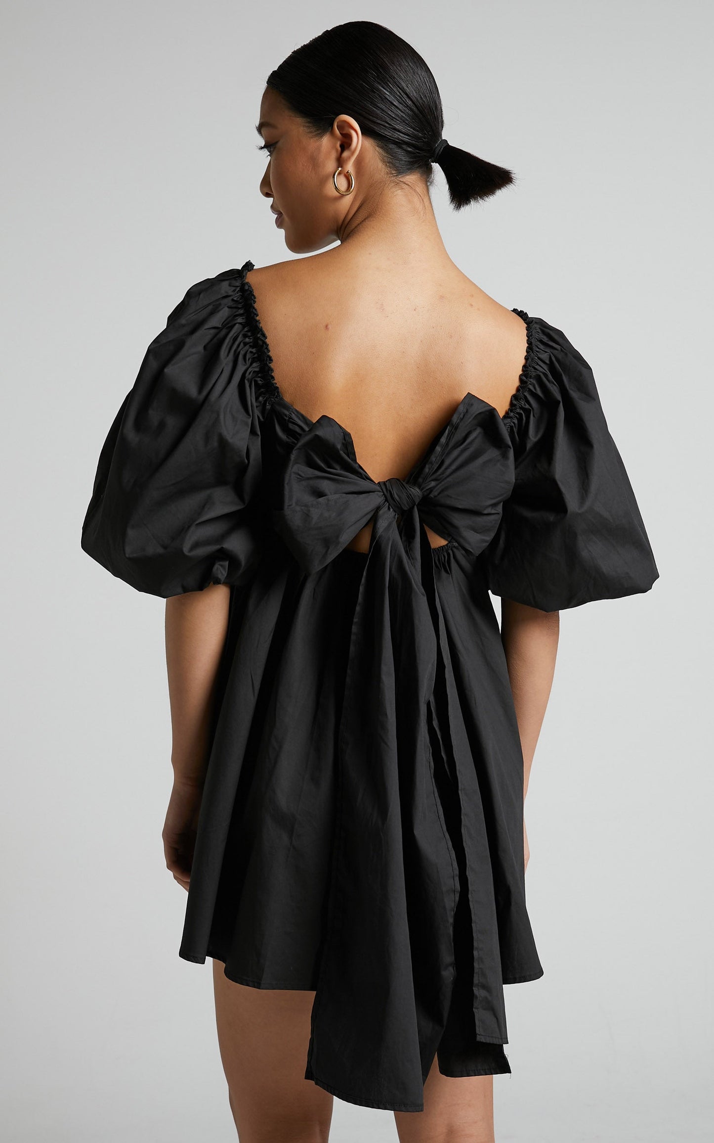 Melony Mini Dress - Cotton Poplin Puff Sleeve Dress in Black