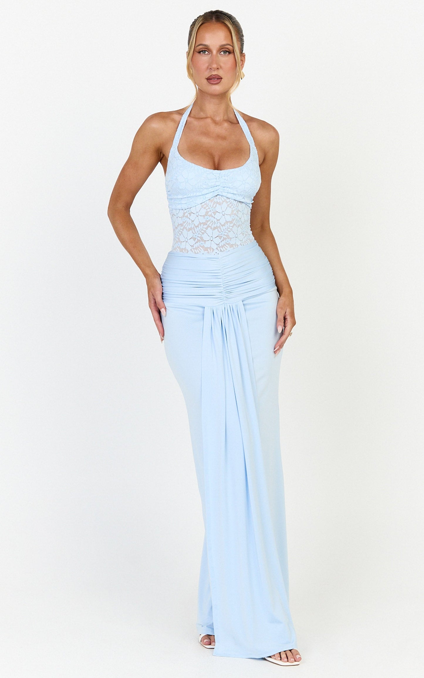 Melville Maxi Dress - Lace Bodice Draped Front Halter Dress in Blue