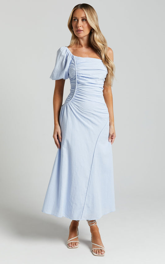Menceth Midi Dress - One Shoulder Puff Sleeve Ruched Dress in Blue