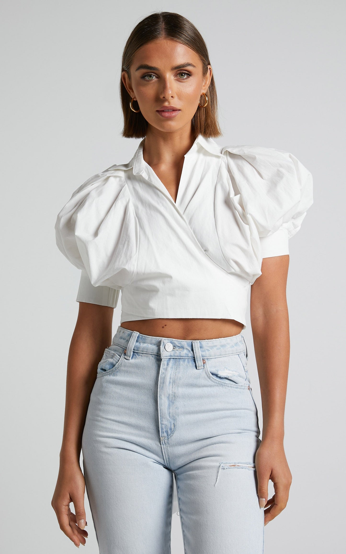 Merabelle Linen Blend Shirt - Puff Sleeve Cropped Wrap Shirt in White