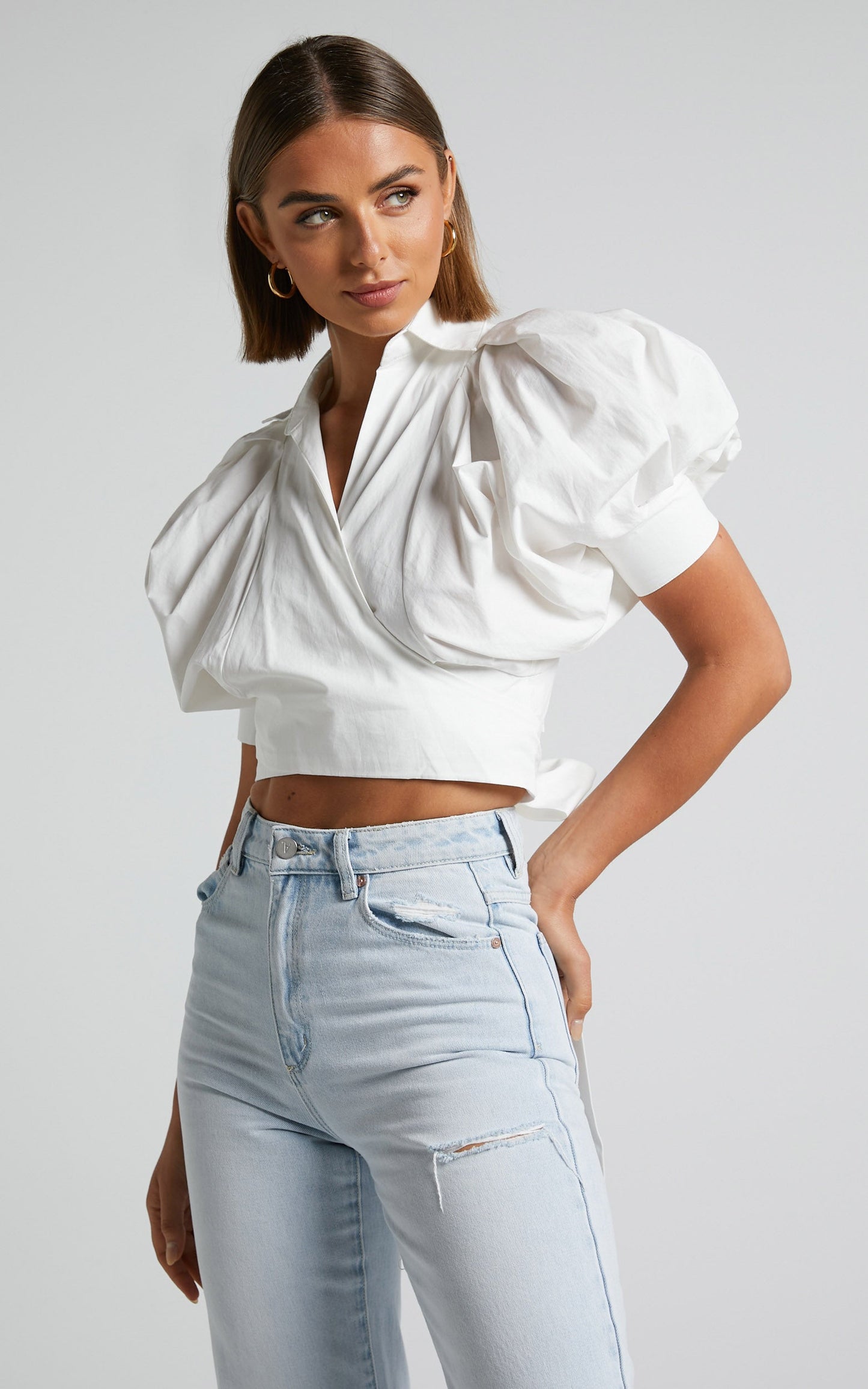 Merabelle Linen Blend Shirt - Puff Sleeve Cropped Wrap Shirt in White