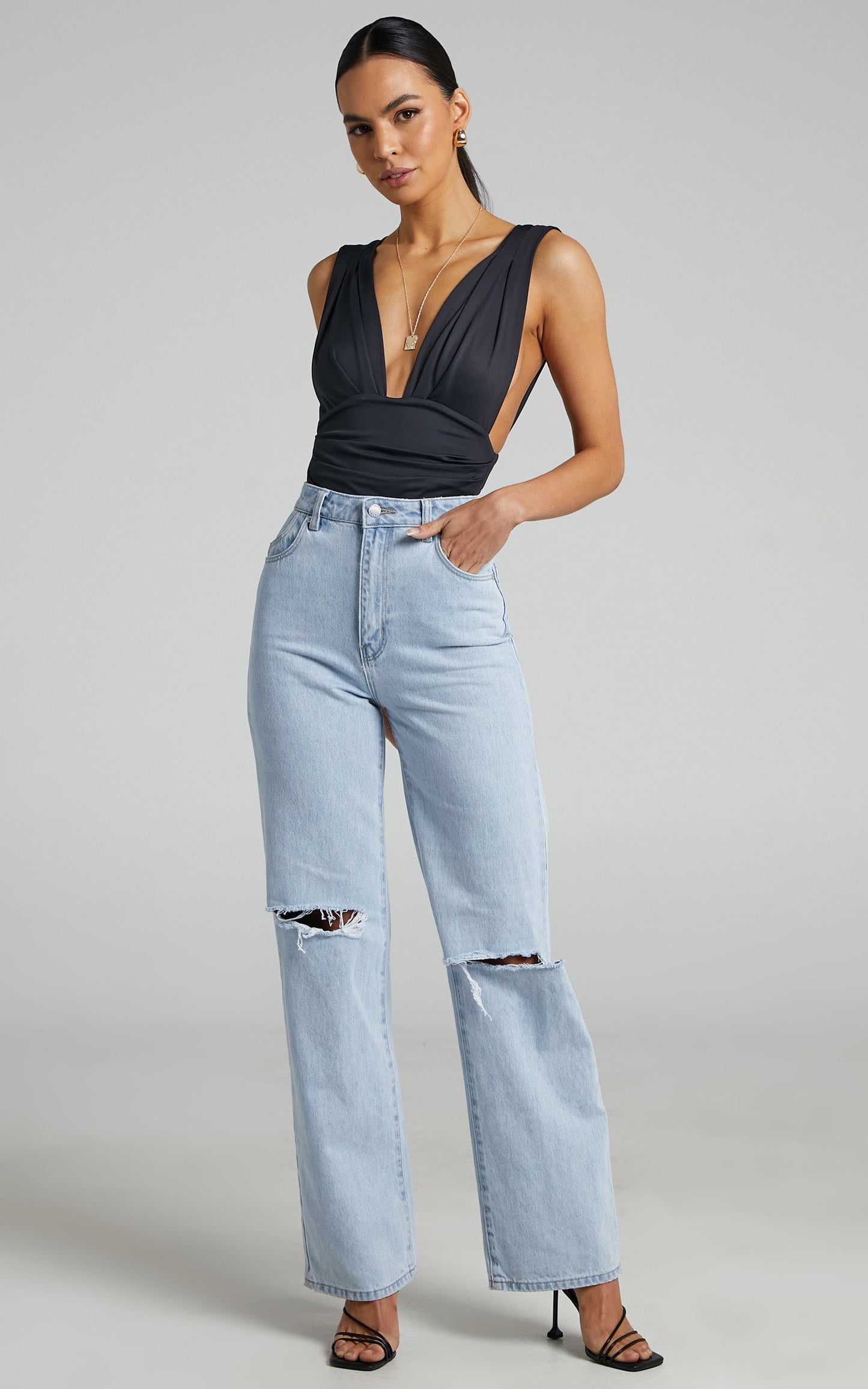 Mercede Bodysuit - Plunge Neck Bodysuit in Black