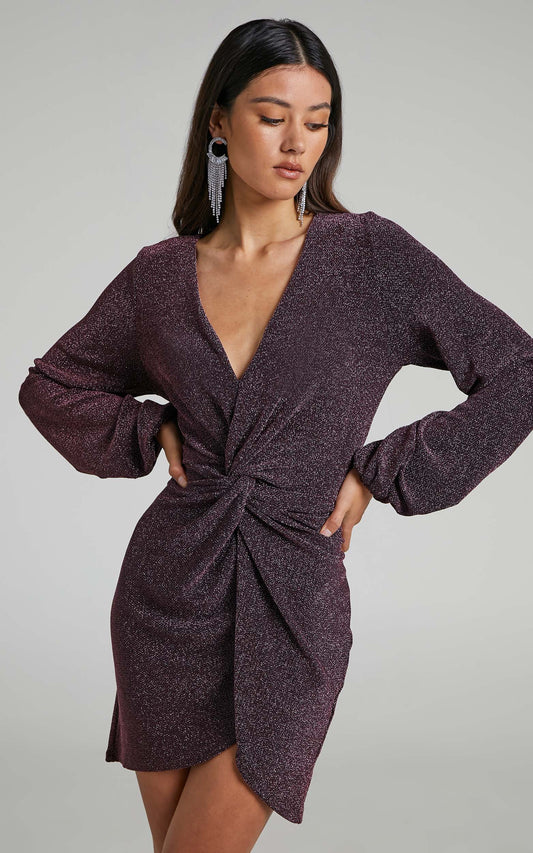Mercia Mini Dress - Twist Front Long Sleeve Dress in Dark Pink
